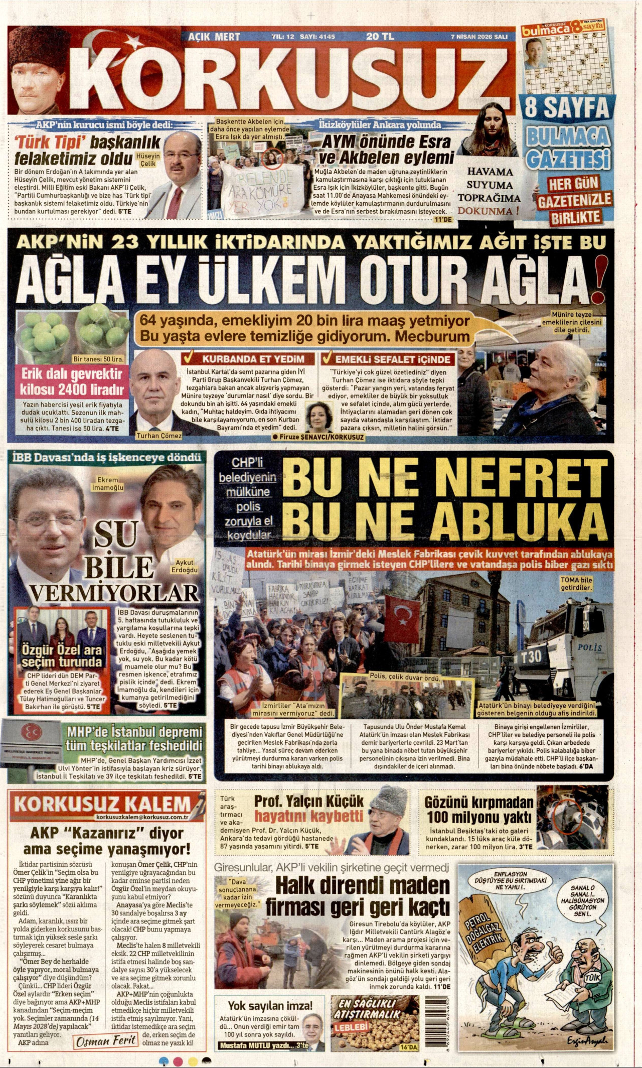 KORKUSUZ gazetesinin 7 Nisan 2026 tarihli birinci sayfası