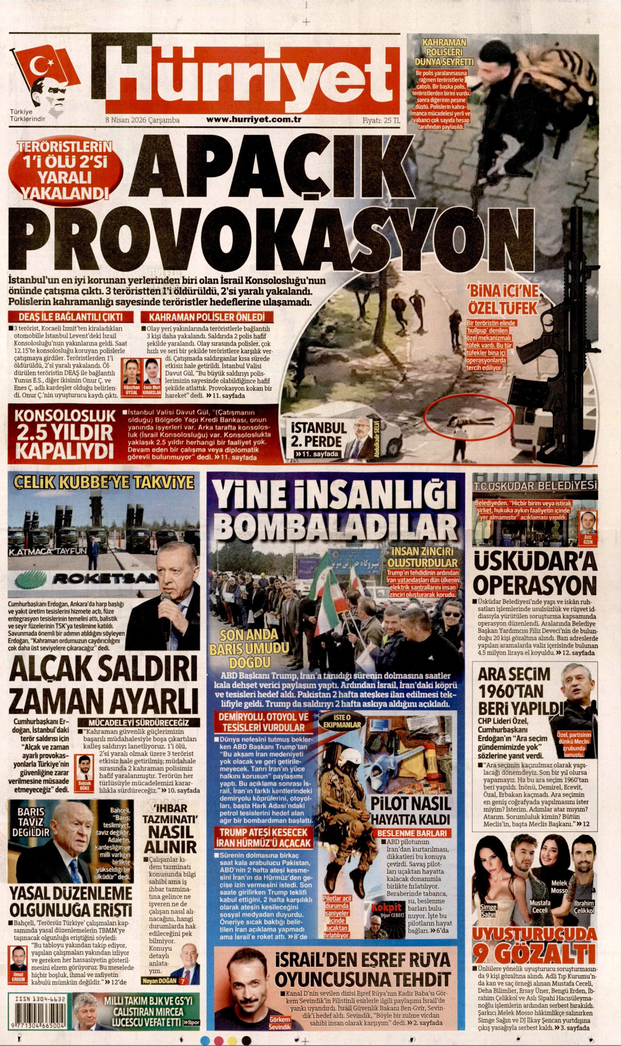 HÜRRİYET gazetesinin 8 Nisan 2026 tarihli birinci sayfası