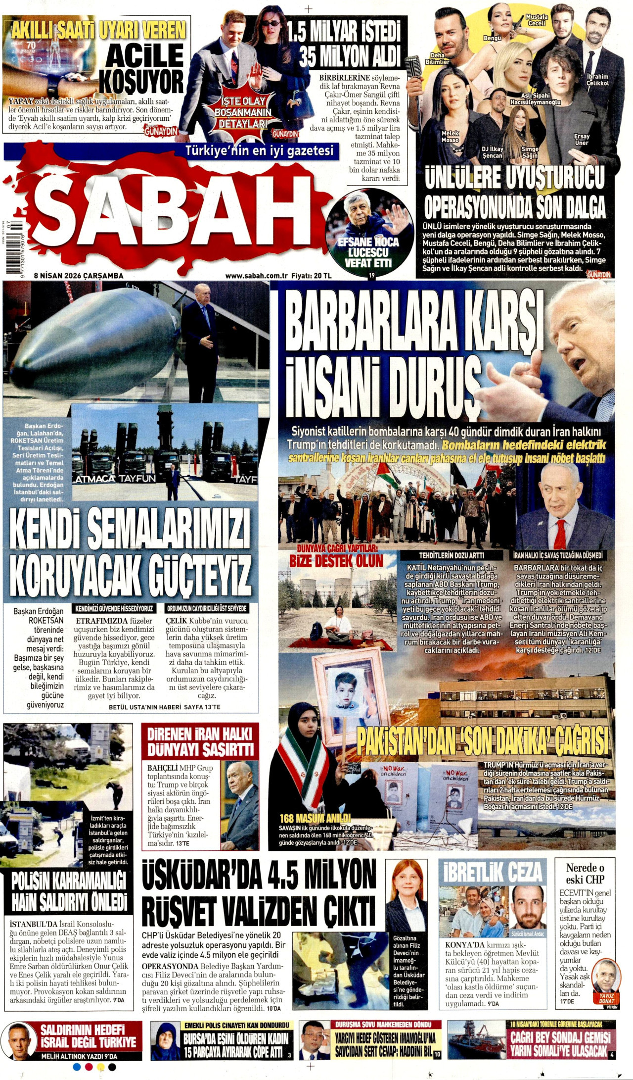 SABAH gazetesinin 8 Nisan 2026 tarihli birinci sayfası