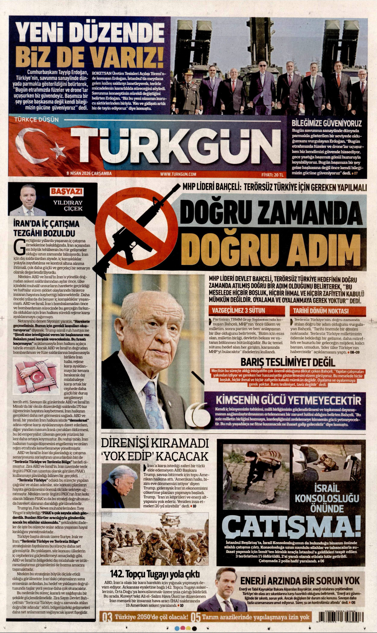 TÜRKGÜN gazetesinin 8 Nisan 2026 tarihli birinci sayfası