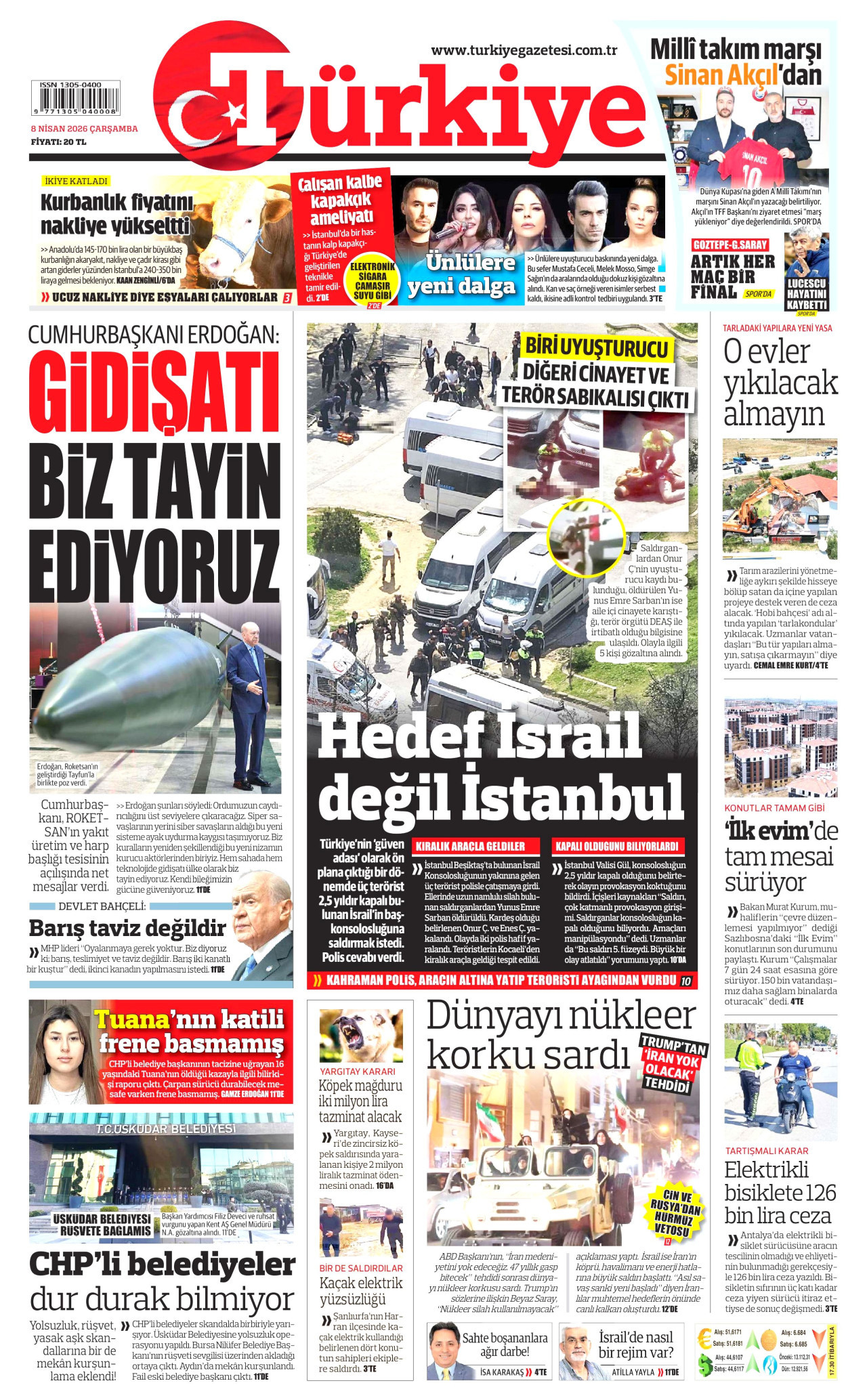 TÜRKİYE GAZETESİ gazetesinin 8 Nisan 2026 tarihli birinci sayfası