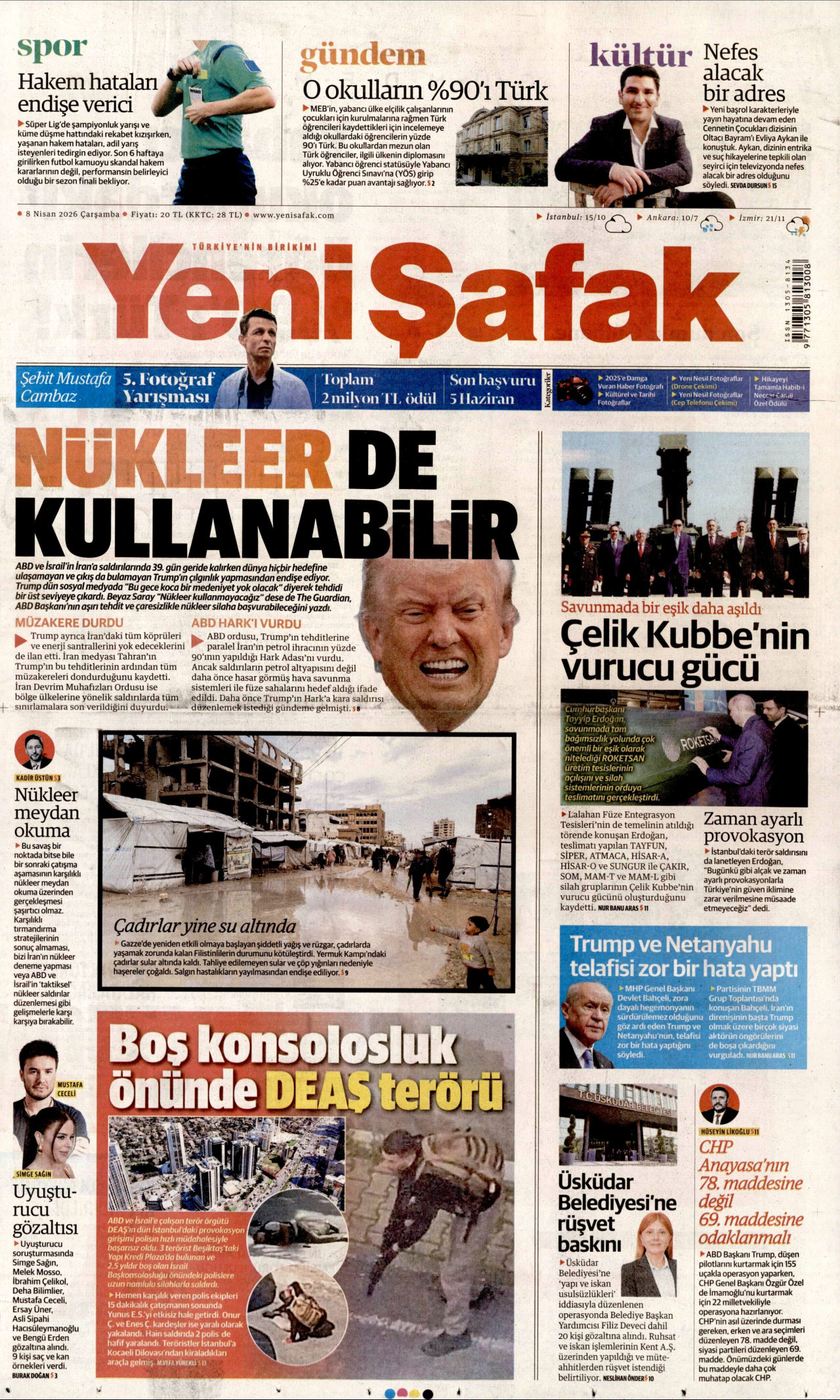 YENİ ŞAFAK gazetesinin 8 Nisan 2026 tarihli birinci sayfası
