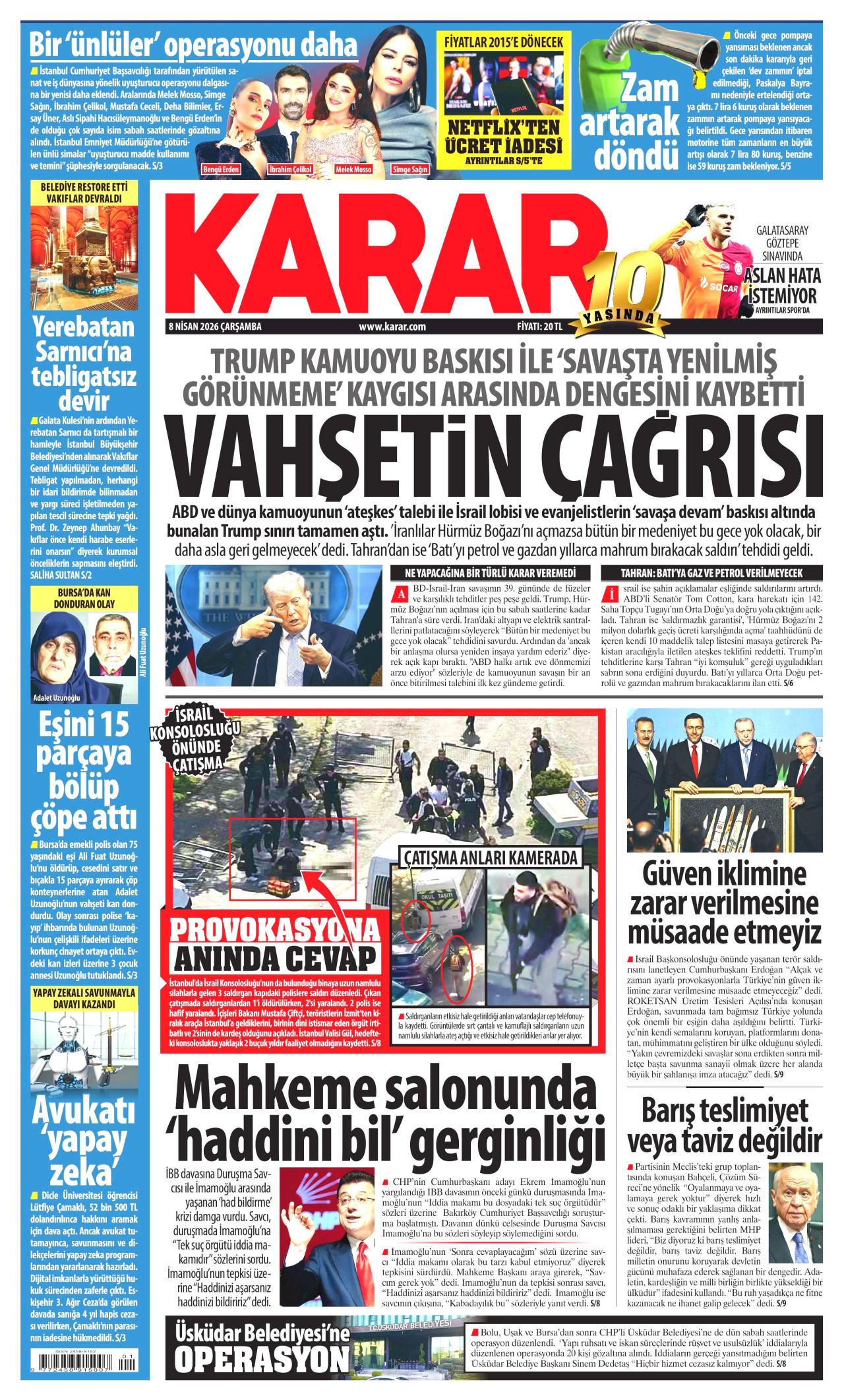 KARAR gazetesinin 8 Nisan 2026 tarihli birinci sayfası