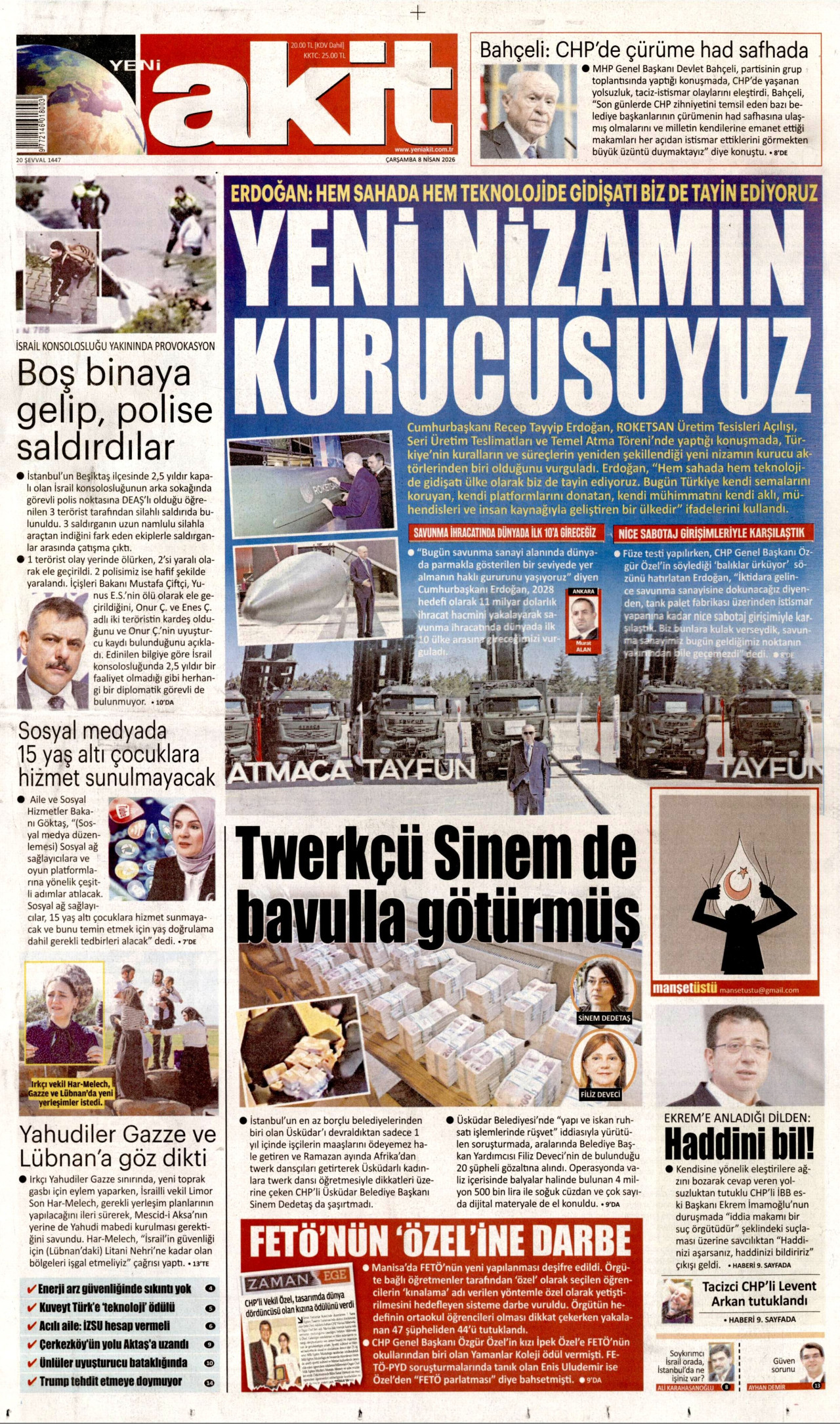 YENİ AKİT gazetesinin 8 Nisan 2026 tarihli birinci sayfası