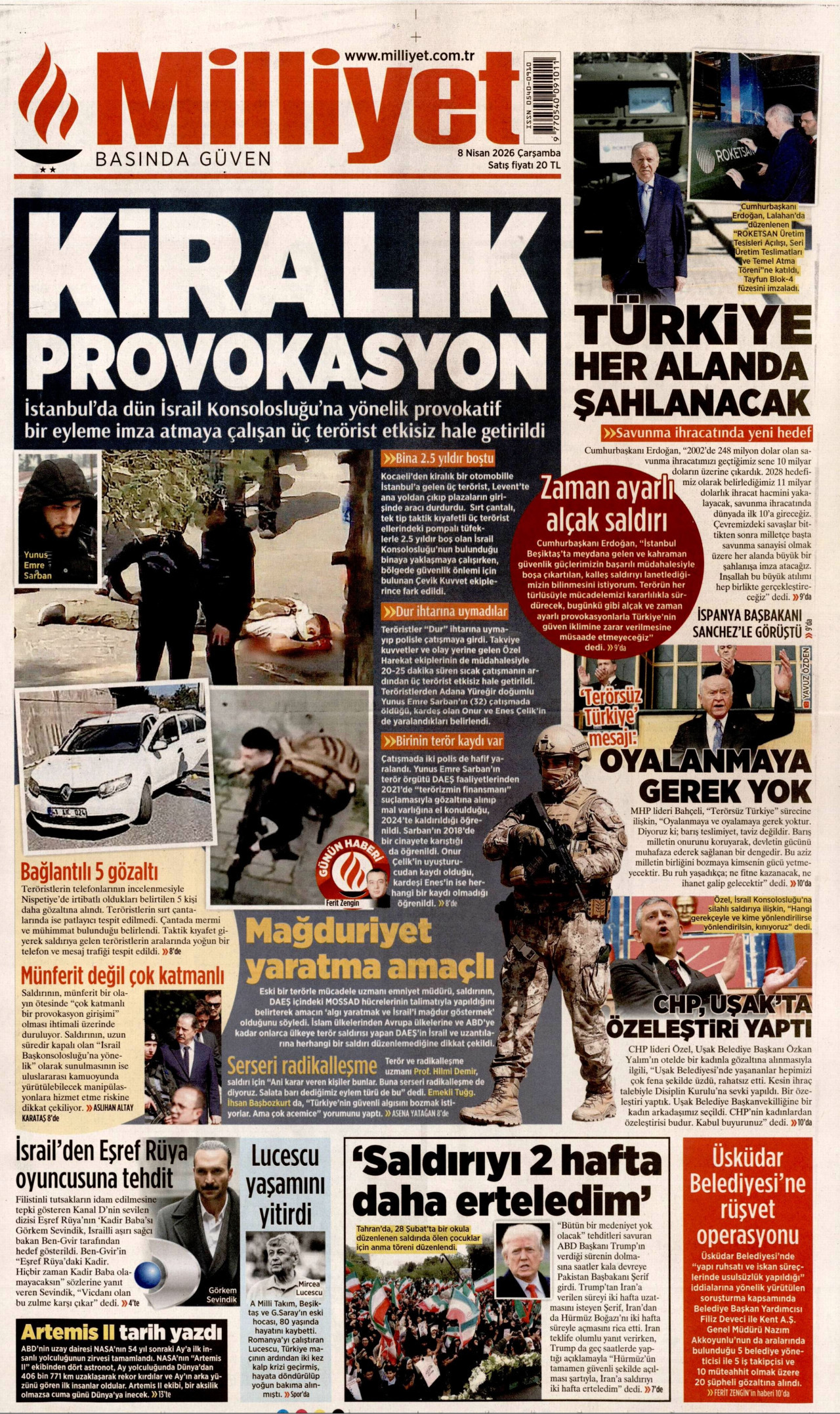 MİLLİYET gazetesinin 8 Nisan 2026 tarihli birinci sayfası