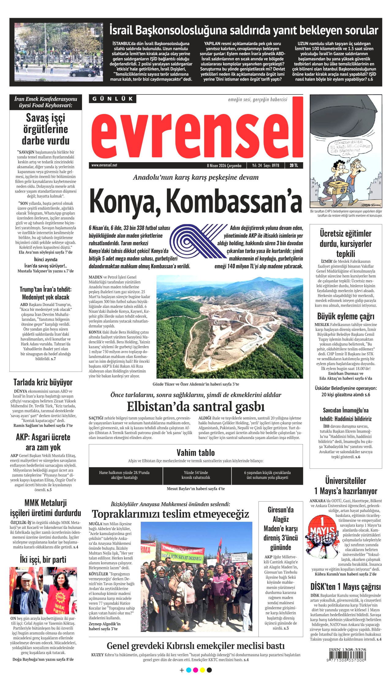 EVRENSEL gazetesinin 8 Nisan 2026 tarihli birinci sayfası