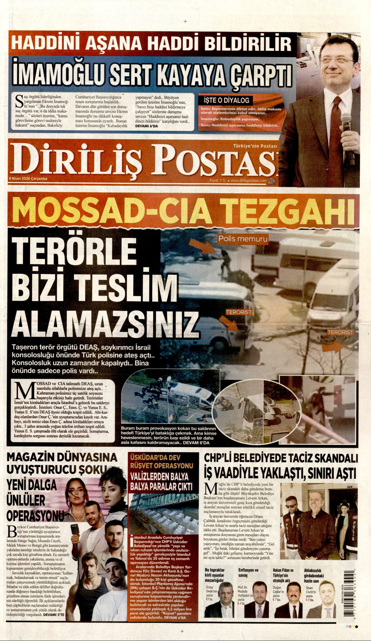DİRİLİŞ POSTASI gazetesinin 8 Nisan 2026 tarihli birinci sayfası