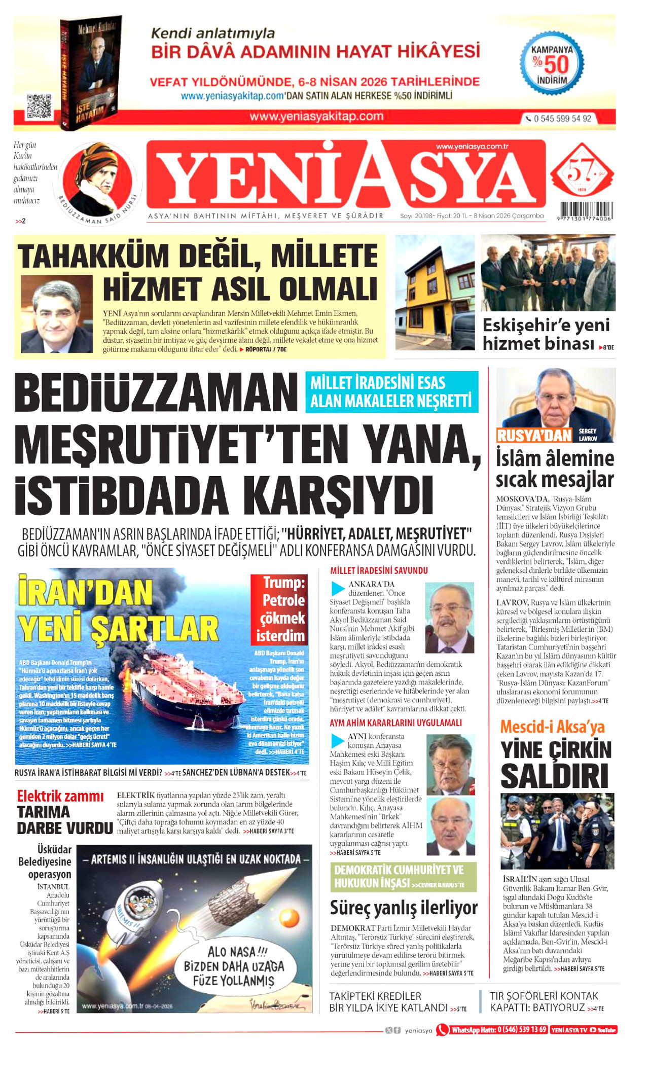 YENİ ASYA gazetesinin 8 Nisan 2026 tarihli birinci sayfası