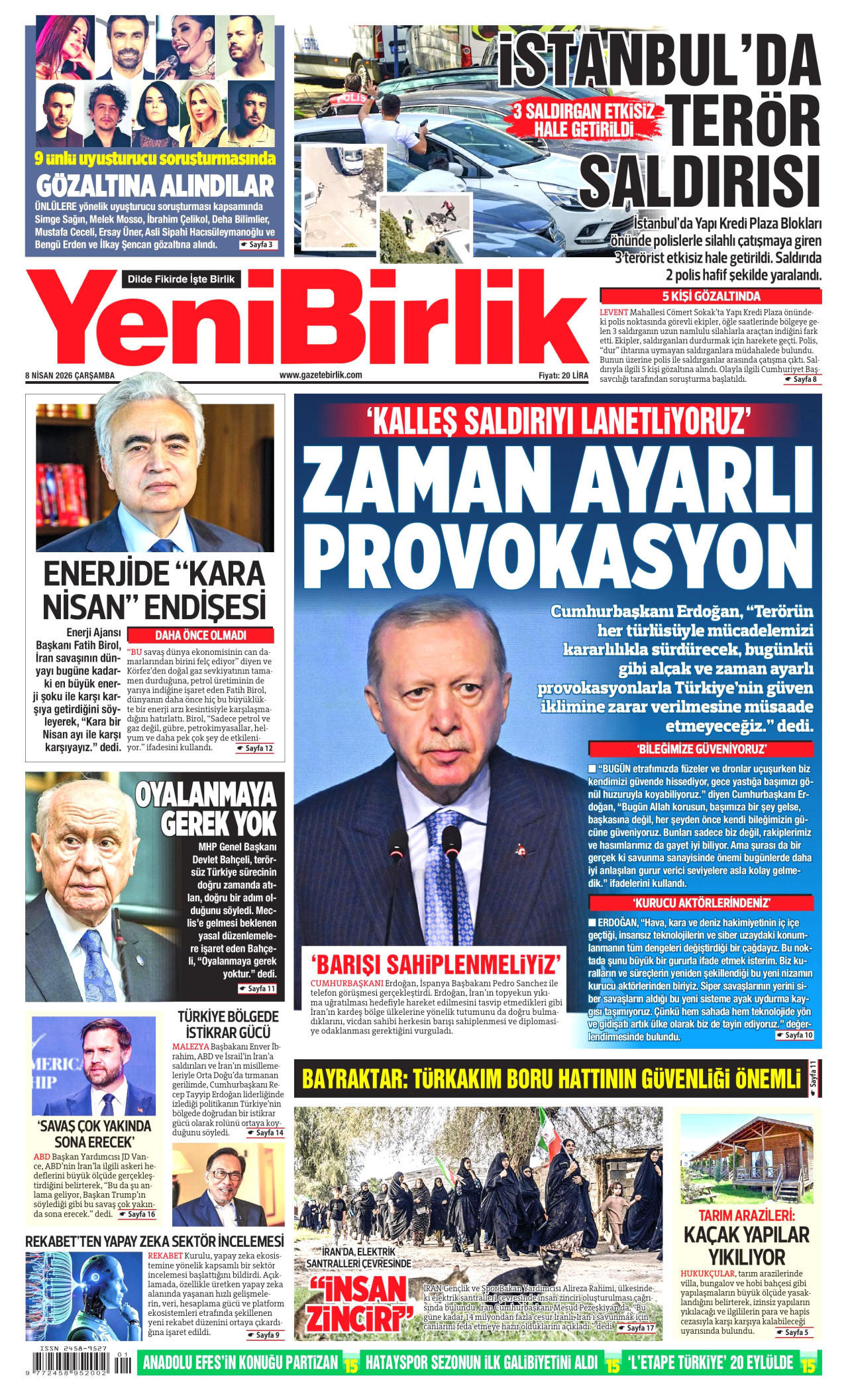YENİBİRLİK gazetesinin 8 Nisan 2026 tarihli birinci sayfası