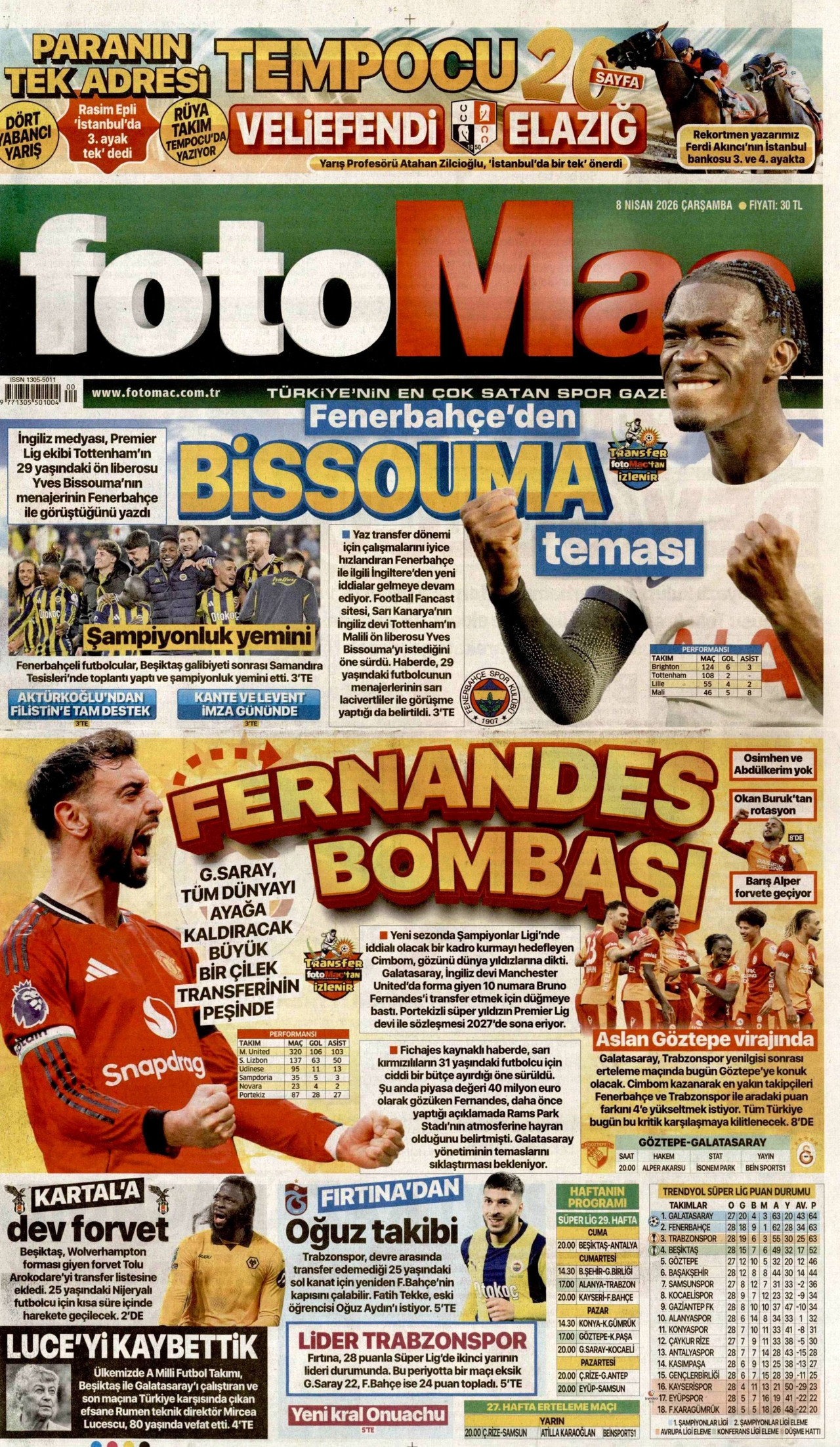 FOTOMAÇ gazetesinin 8 Nisan 2026 tarihli birinci sayfası