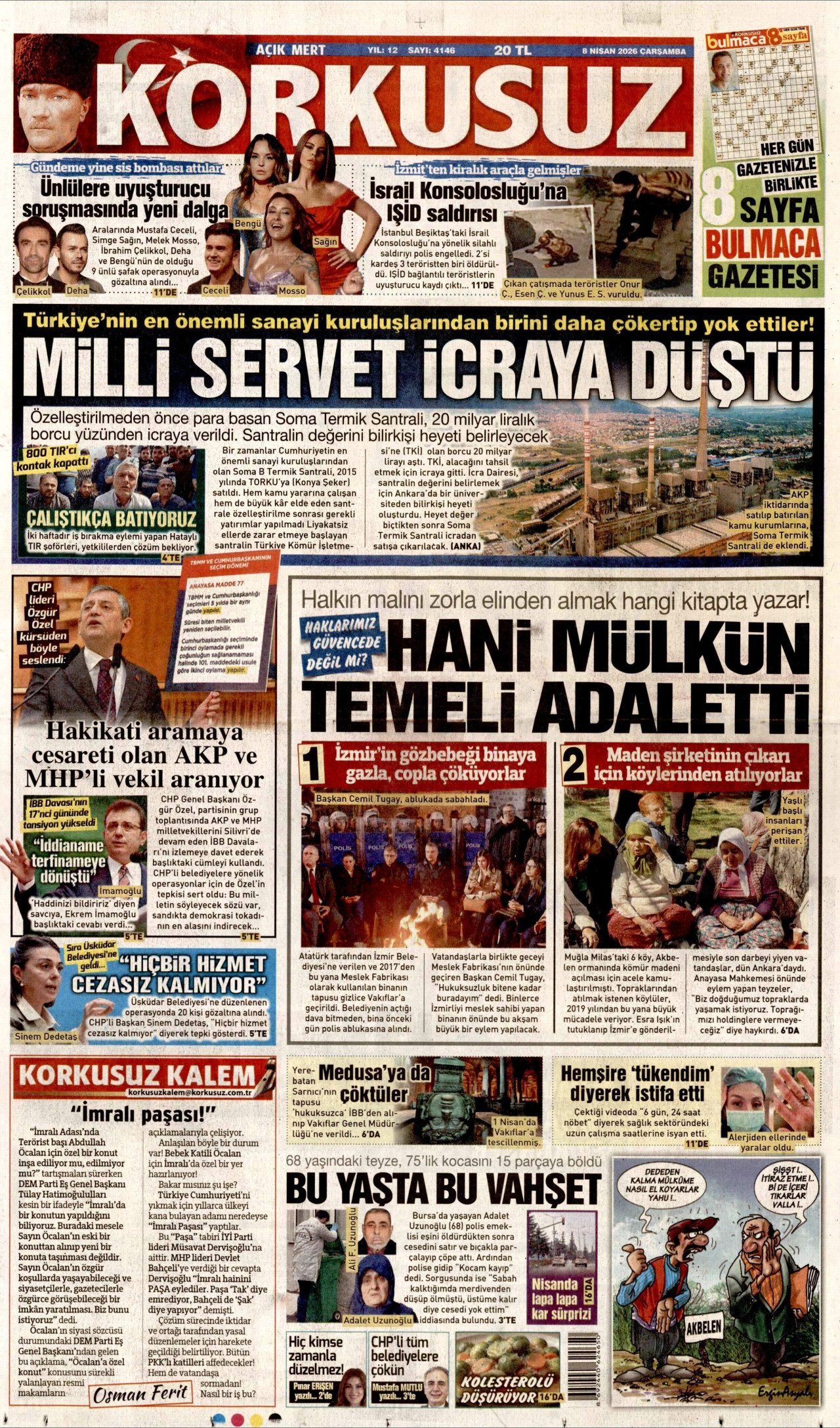 KORKUSUZ gazetesinin 8 Nisan 2026 tarihli birinci sayfası