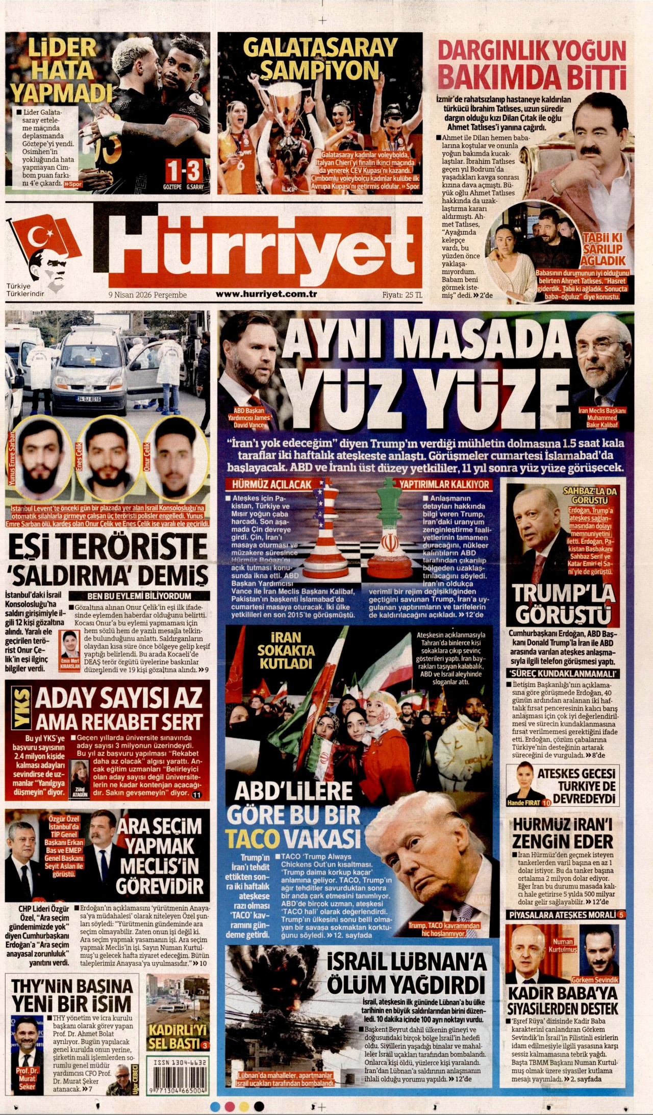HÜRRİYET gazetesinin 9 Nisan 2026 tarihli birinci sayfası