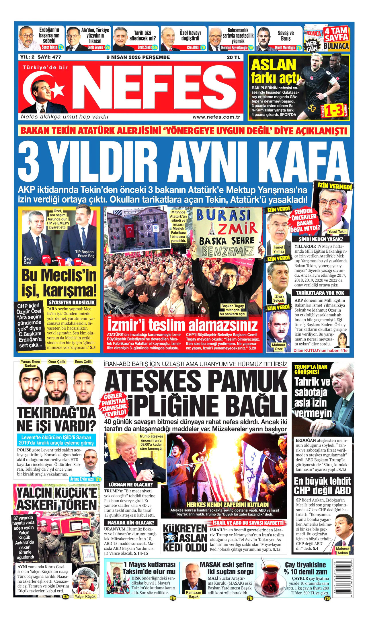 NEFES gazetesinin 9 Nisan 2026 tarihli birinci sayfası