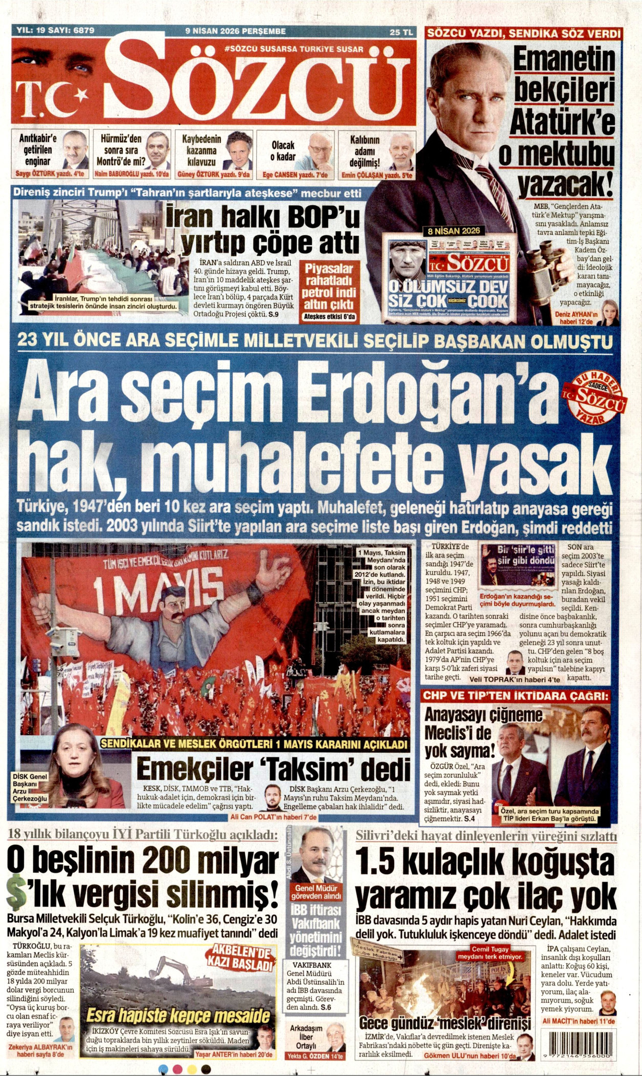 SÖZCÜ gazetesinin 9 Nisan 2026 tarihli birinci sayfası