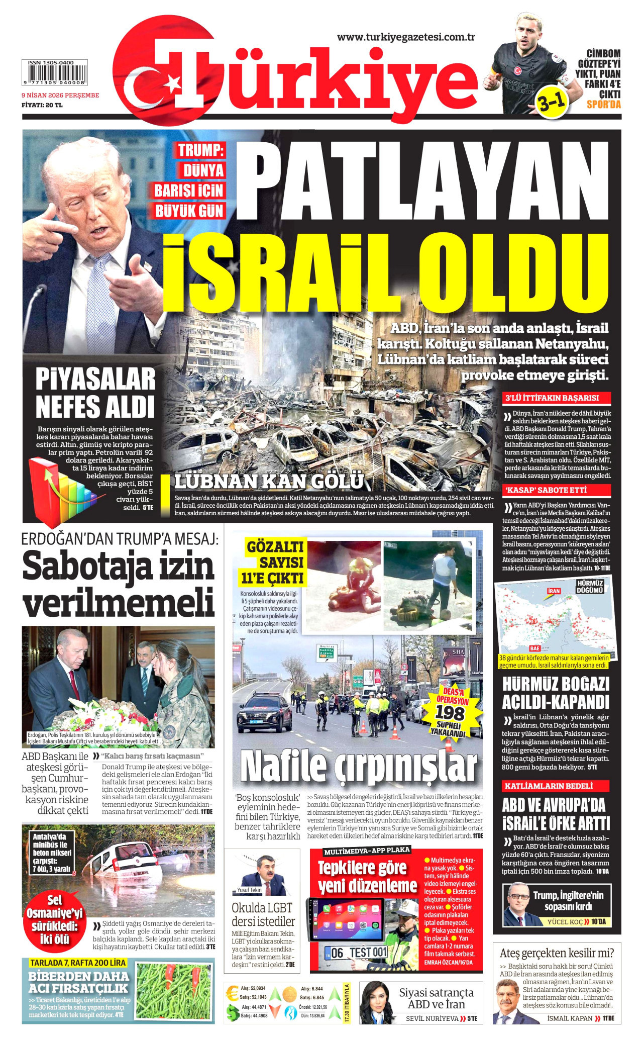 TÜRKİYE GAZETESİ gazetesinin 9 Nisan 2026 tarihli birinci sayfası