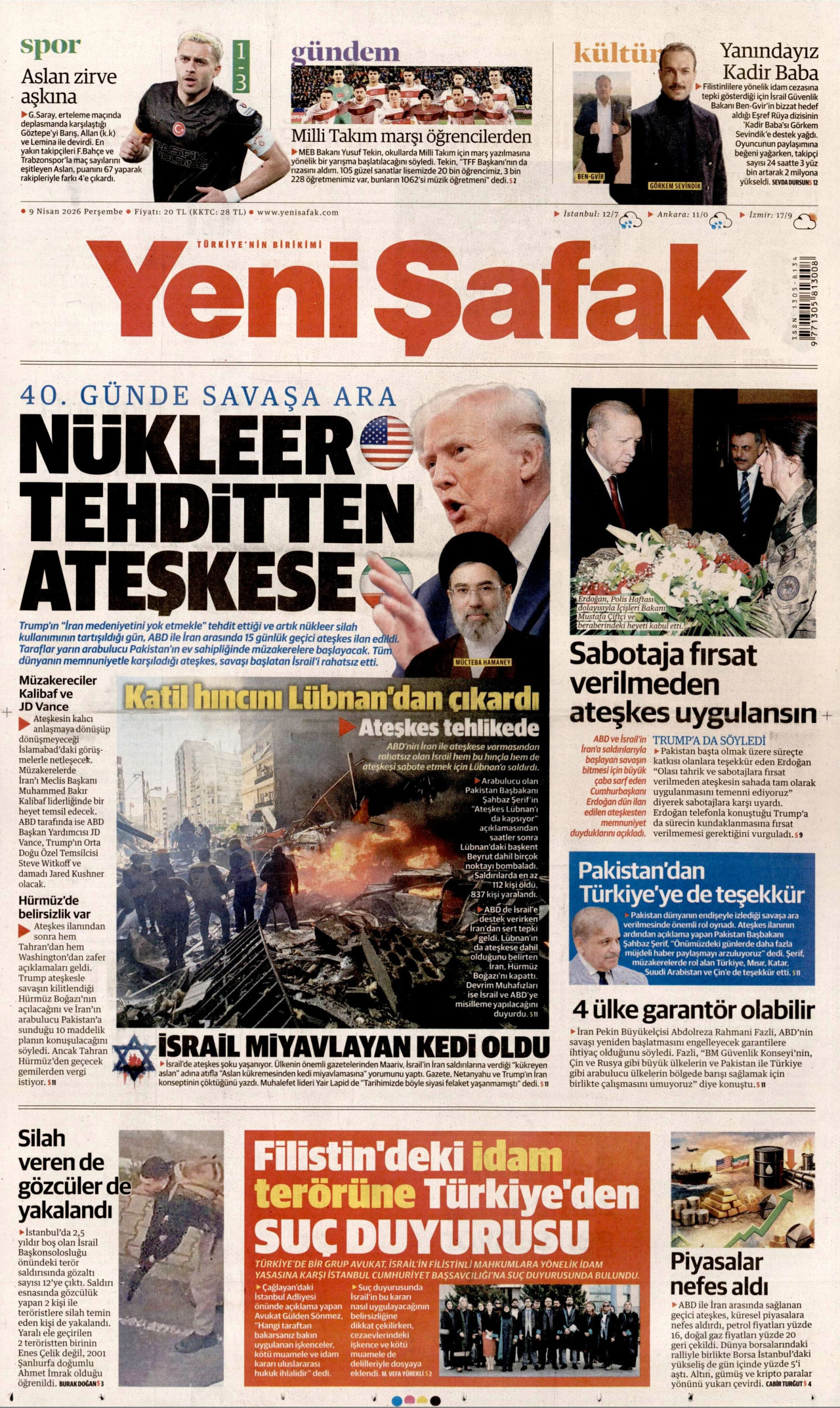 YENİ ŞAFAK gazetesinin 9 Nisan 2026 tarihli birinci sayfası