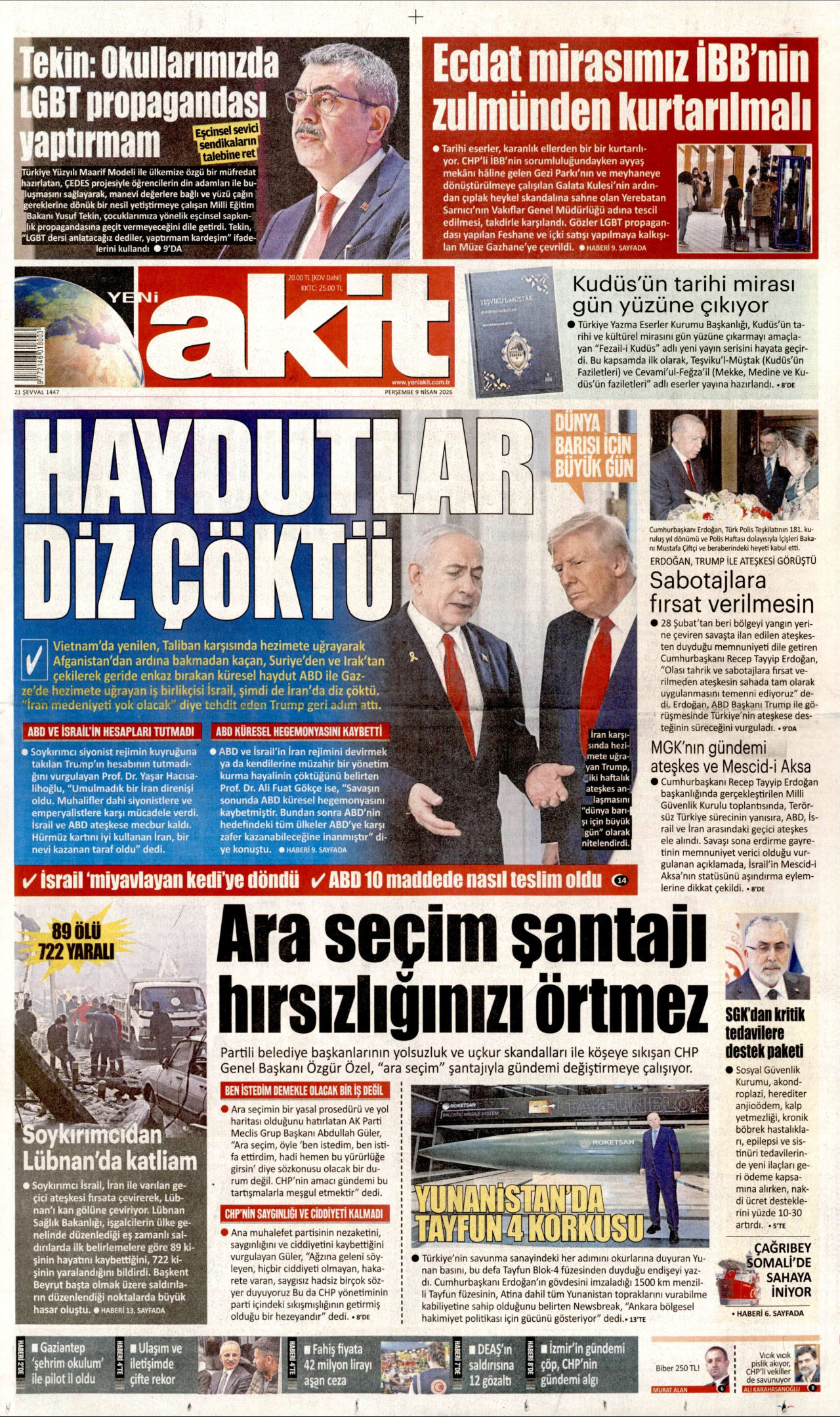 YENİ AKİT gazetesinin 9 Nisan 2026 tarihli birinci sayfası