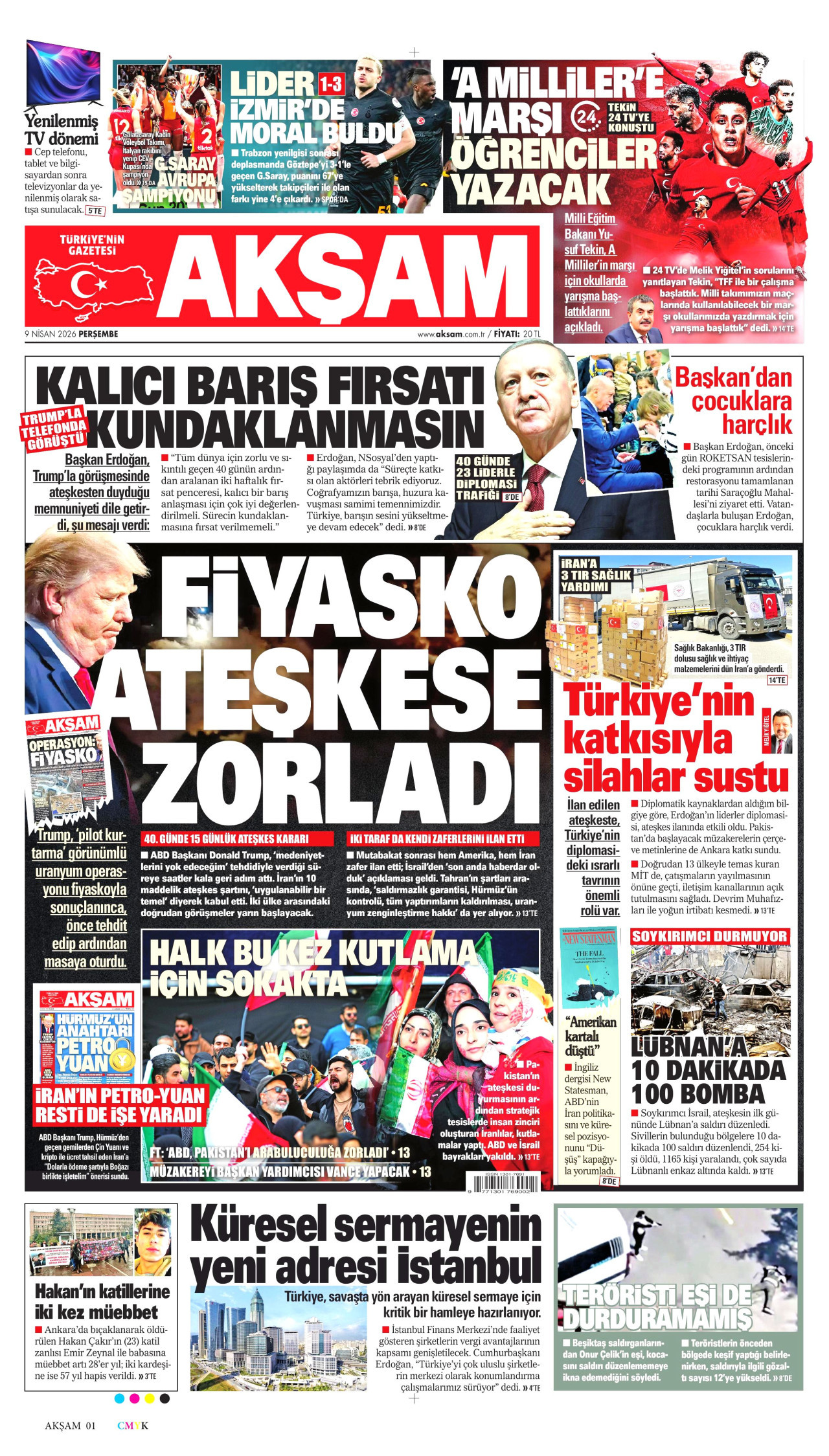 AKŞAM gazetesinin 9 Nisan 2026 tarihli birinci sayfası