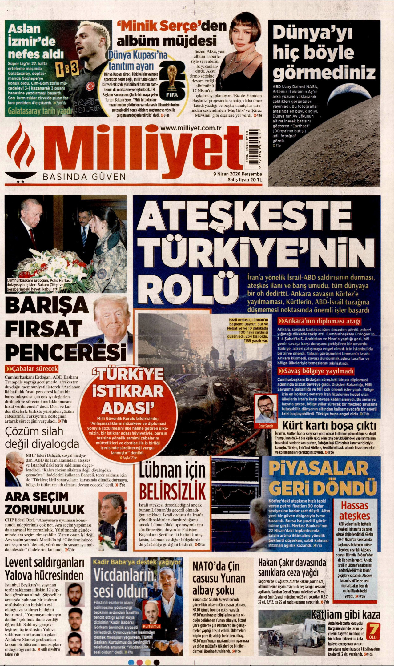 MİLLİYET gazetesinin 9 Nisan 2026 tarihli birinci sayfası