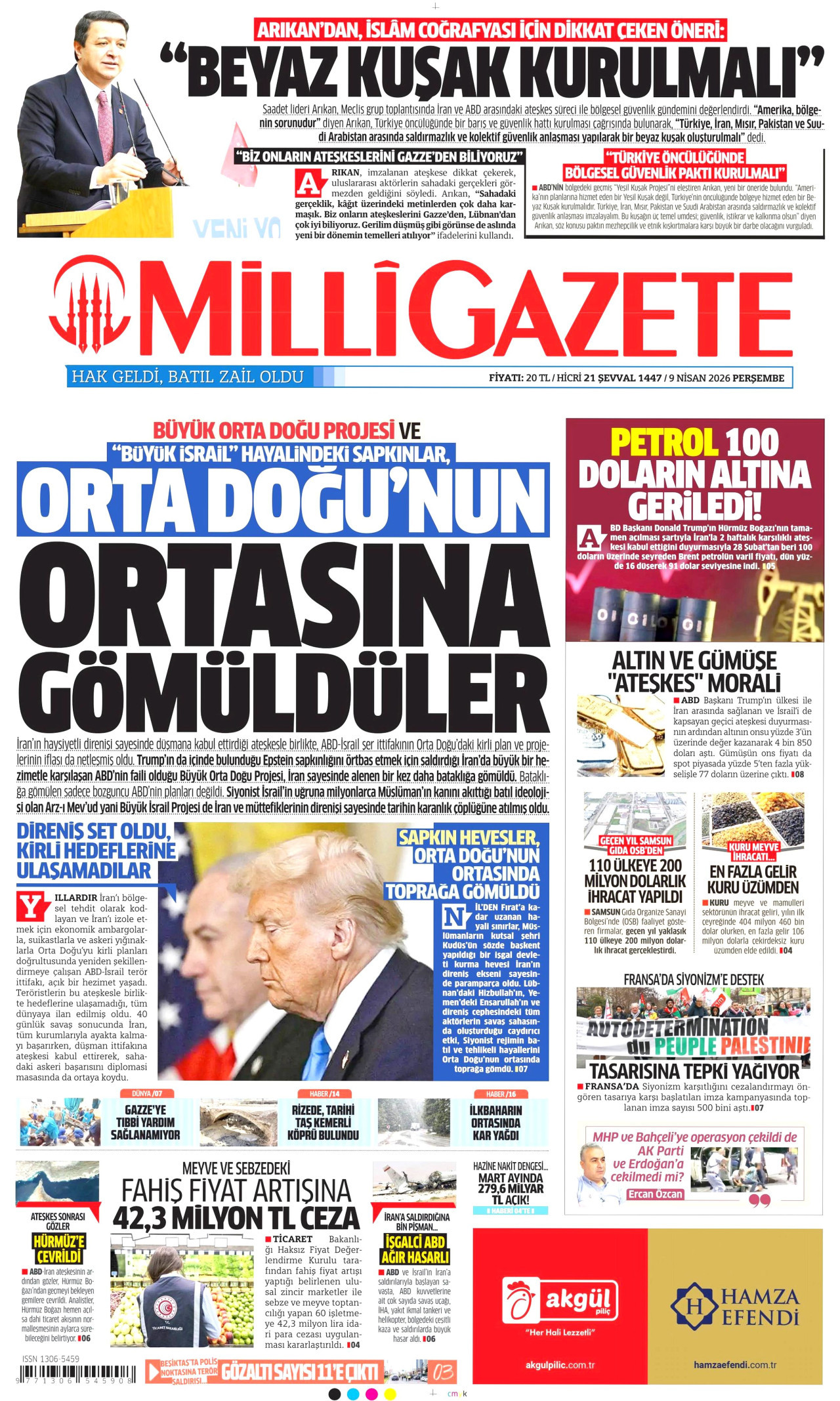 MİLLİ GAZETE gazetesinin 9 Nisan 2026 tarihli birinci sayfası