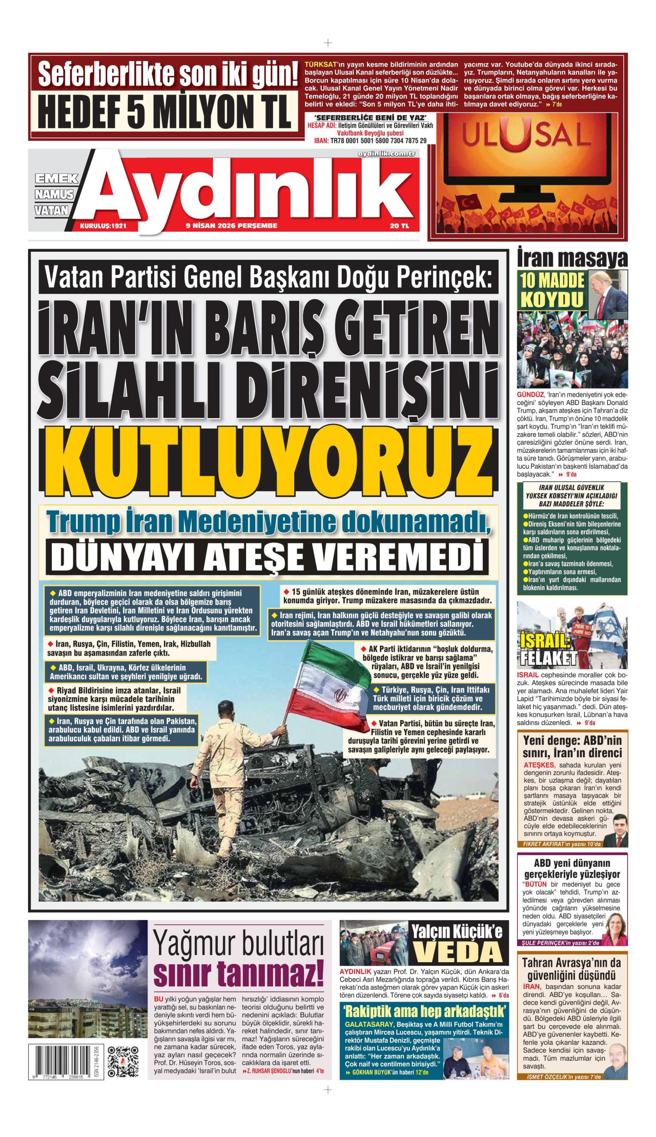 AYDINLIK GAZETESİ gazetesinin 9 Nisan 2026 tarihli birinci sayfası