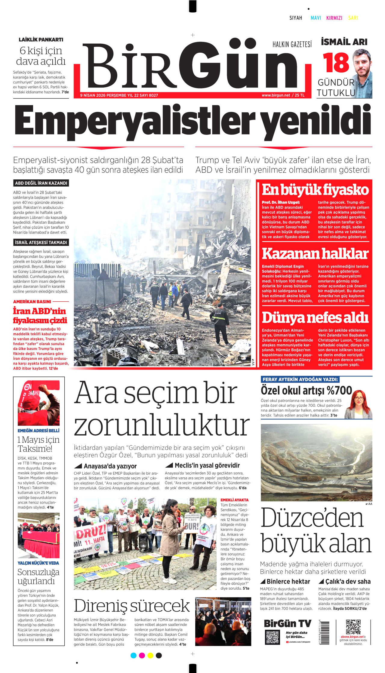 BİRGÜN gazetesinin 9 Nisan 2026 tarihli birinci sayfası