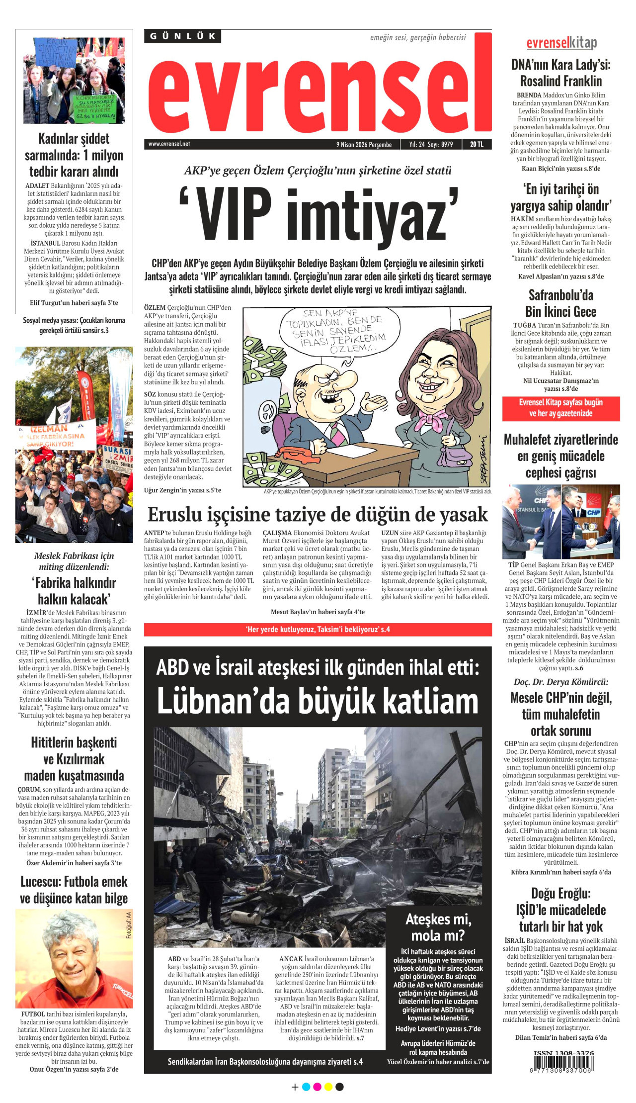 EVRENSEL gazetesinin 9 Nisan 2026 tarihli birinci sayfası