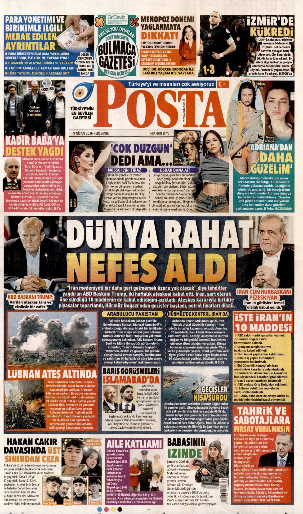 POSTA gazetesinin 9 Nisan 2026 tarihli birinci sayfası
