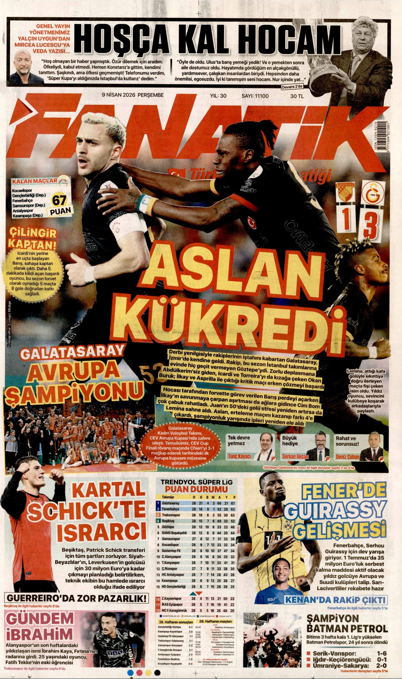 FANATİK gazetesinin 9 Nisan 2026 tarihli birinci sayfası