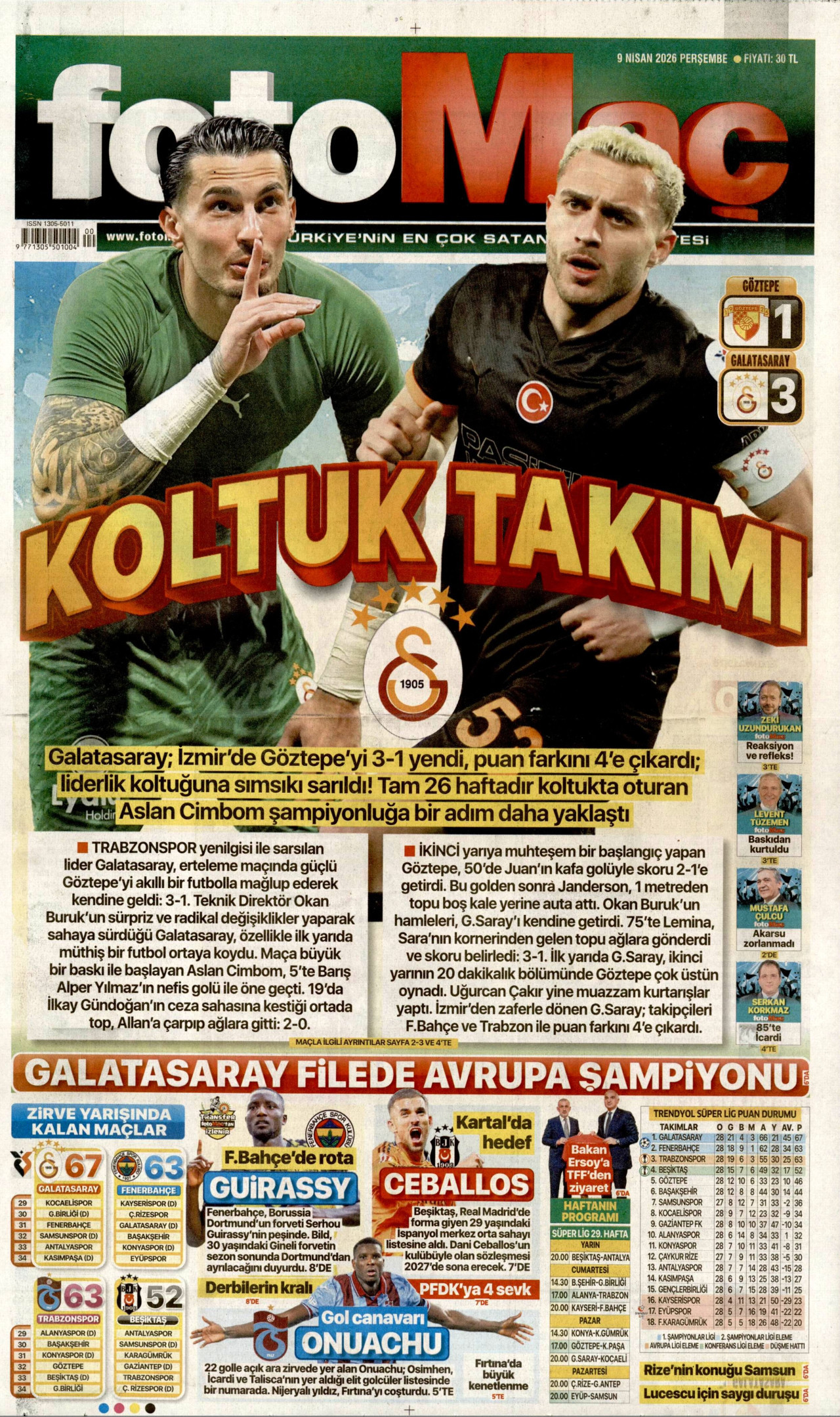 FOTOMAÇ gazetesinin 9 Nisan 2026 tarihli birinci sayfası