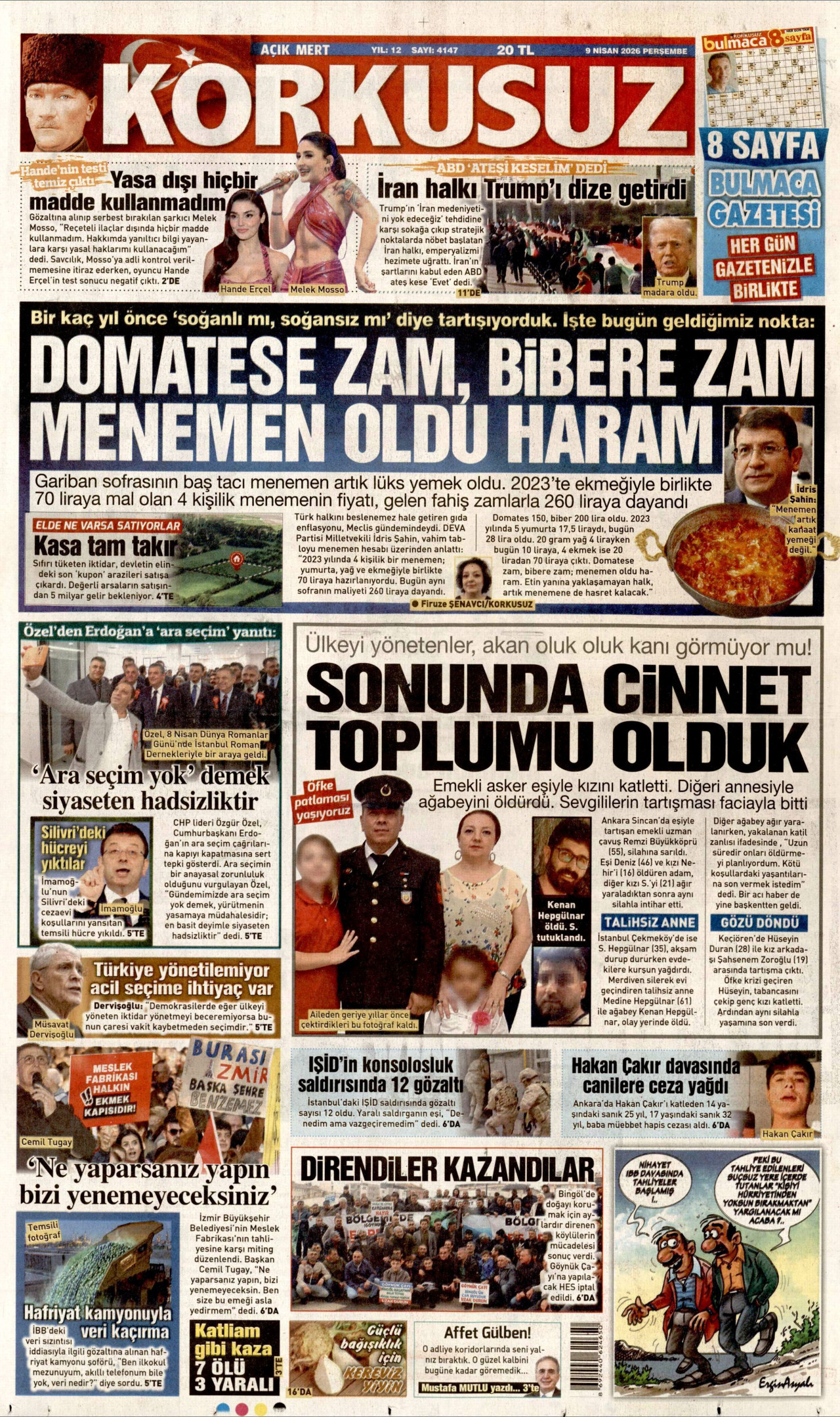 KORKUSUZ gazetesinin 9 Nisan 2026 tarihli birinci sayfası