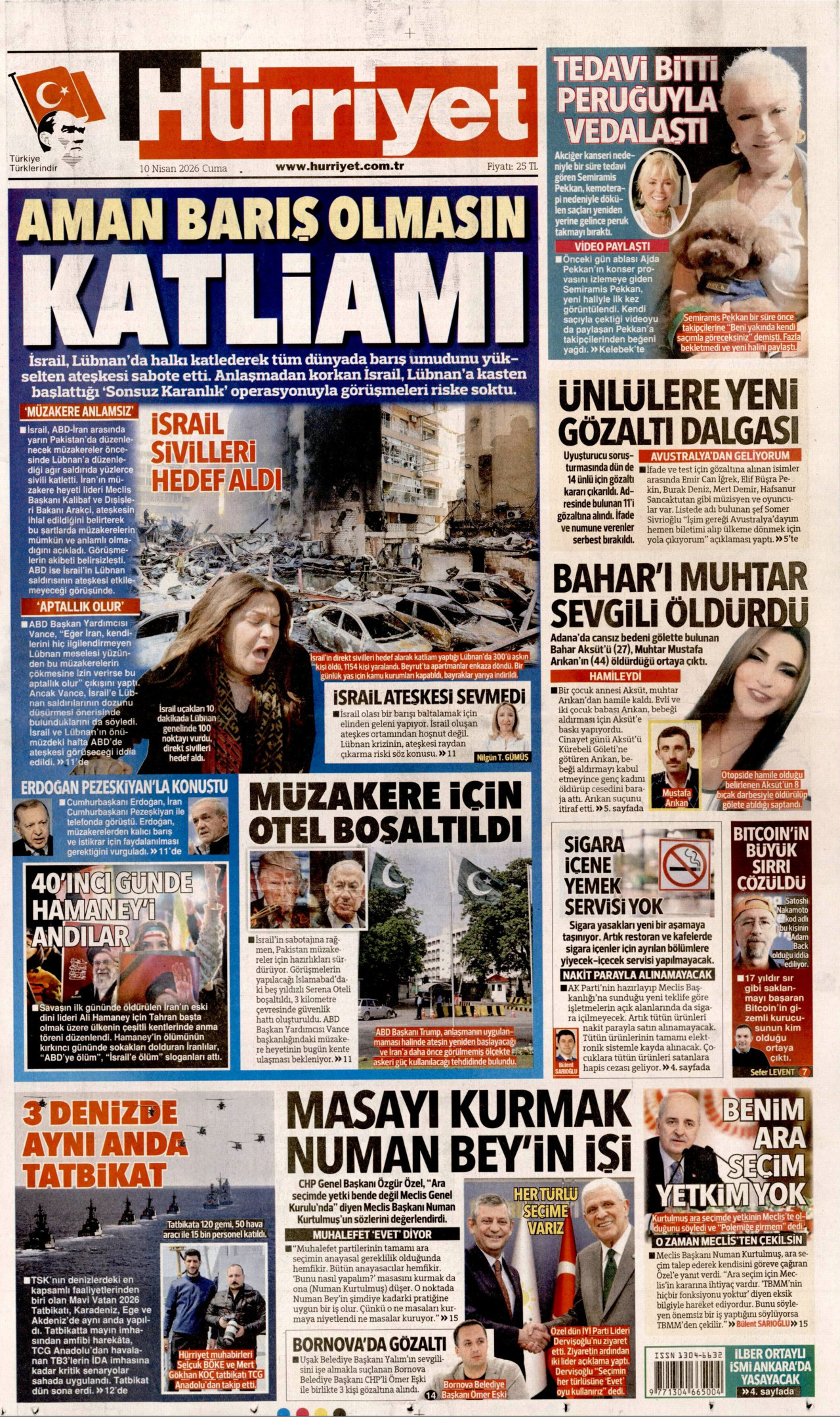 HÜRRİYET gazetesinin 10 Nisan 2026 tarihli birinci sayfası