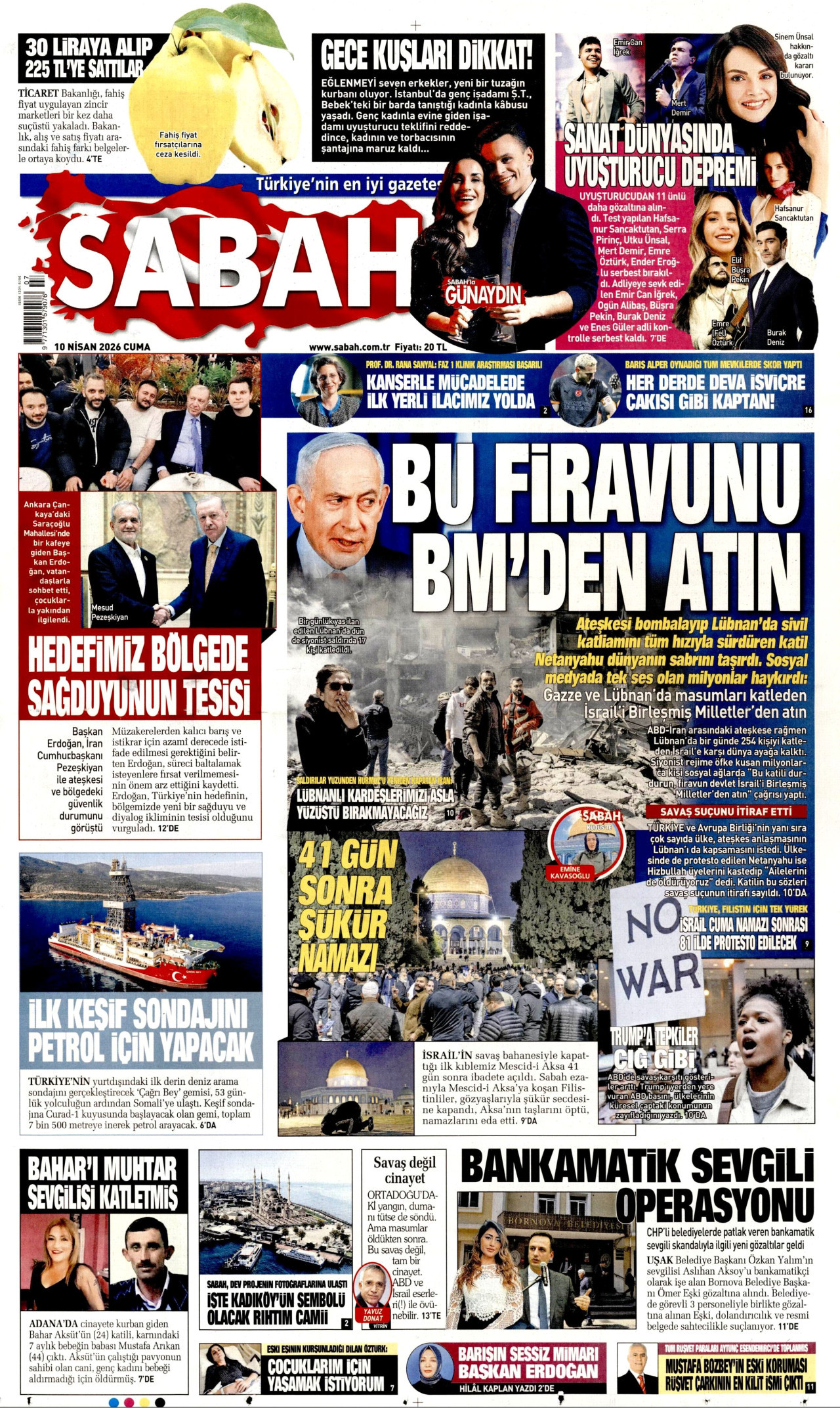 SABAH gazetesinin 10 Nisan 2026 tarihli birinci sayfası