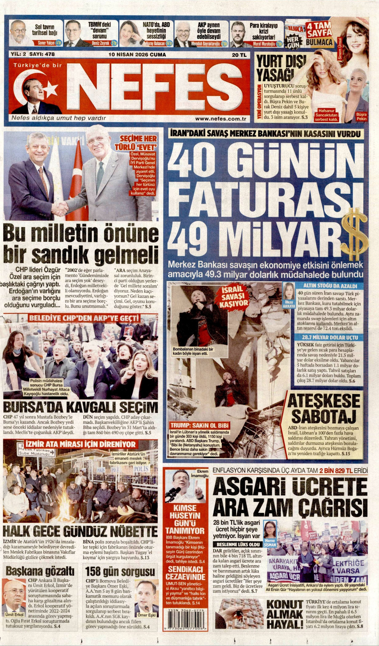 NEFES gazetesinin 10 Nisan 2026 tarihli birinci sayfası