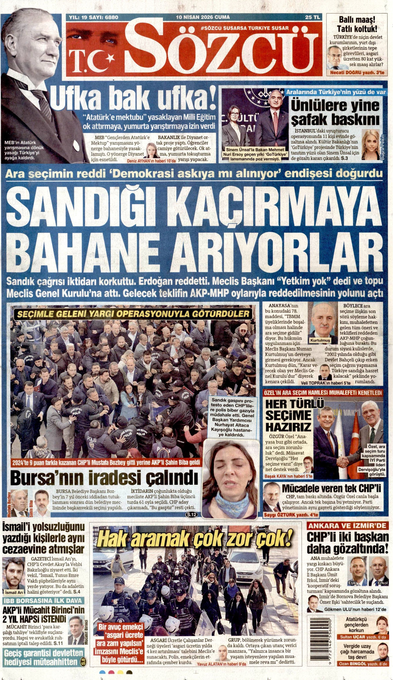 SÖZCÜ gazetesinin 10 Nisan 2026 tarihli birinci sayfası