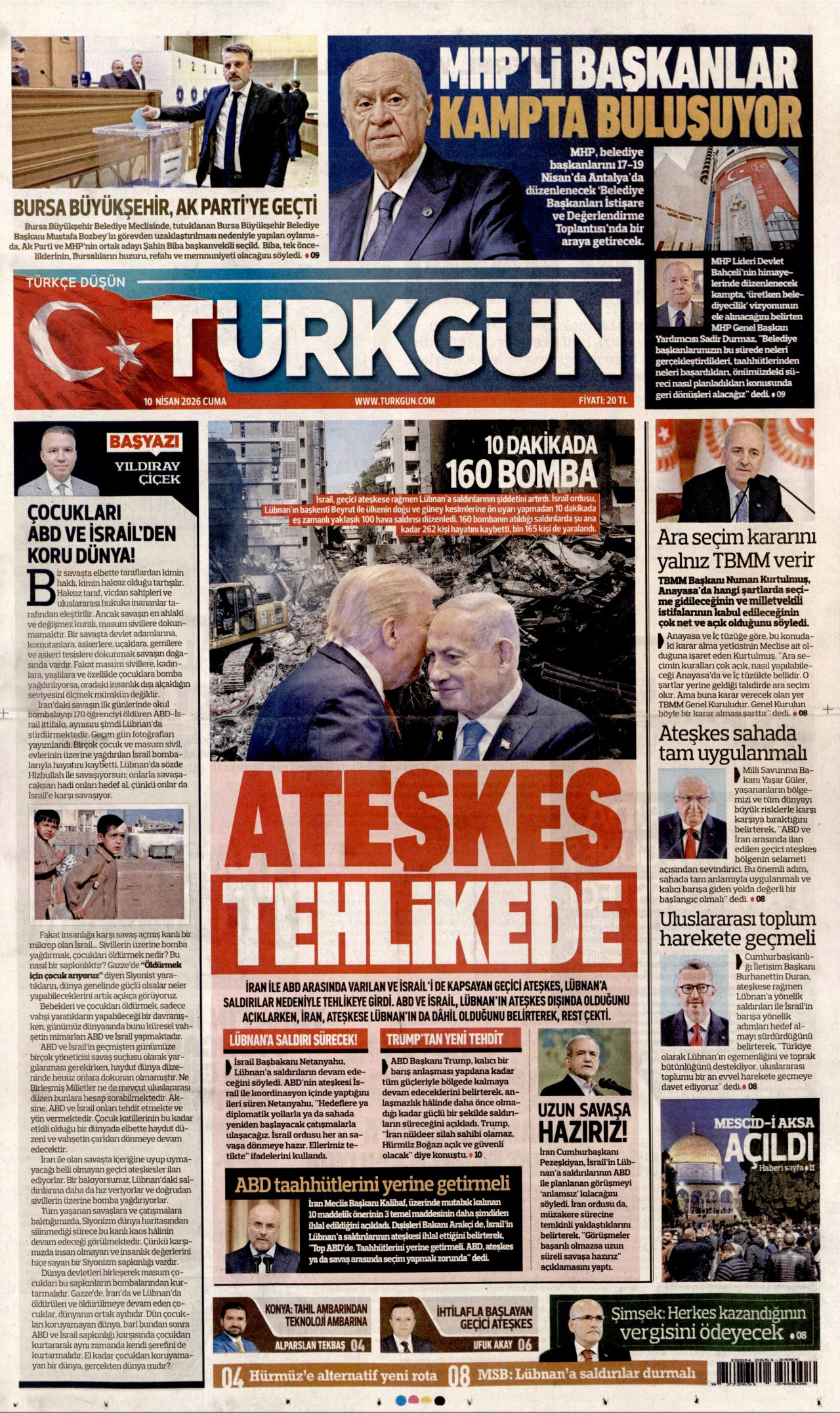 TÜRKGÜN gazetesinin 10 Nisan 2026 tarihli birinci sayfası