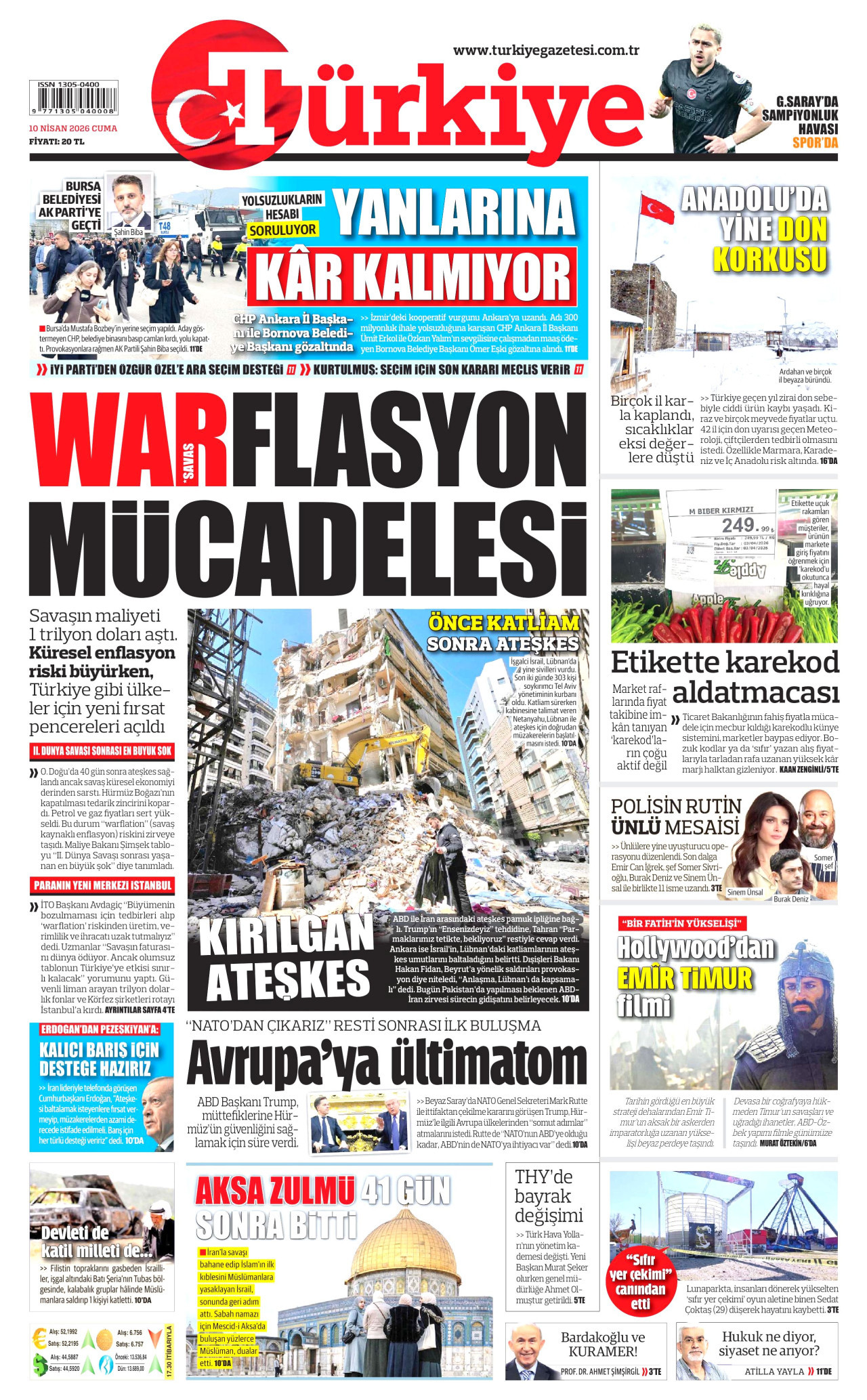 TÜRKİYE GAZETESİ gazetesinin 10 Nisan 2026 tarihli birinci sayfası