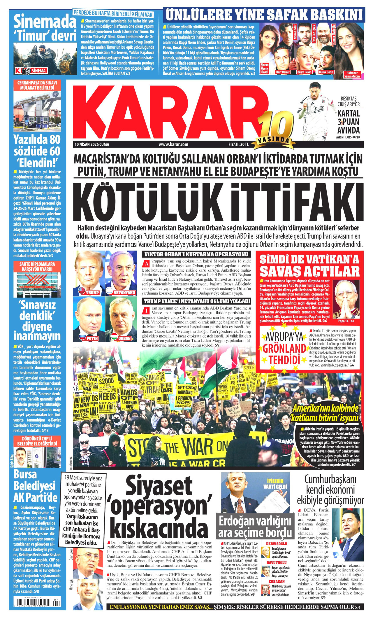 KARAR gazetesinin 10 Nisan 2026 tarihli birinci sayfası