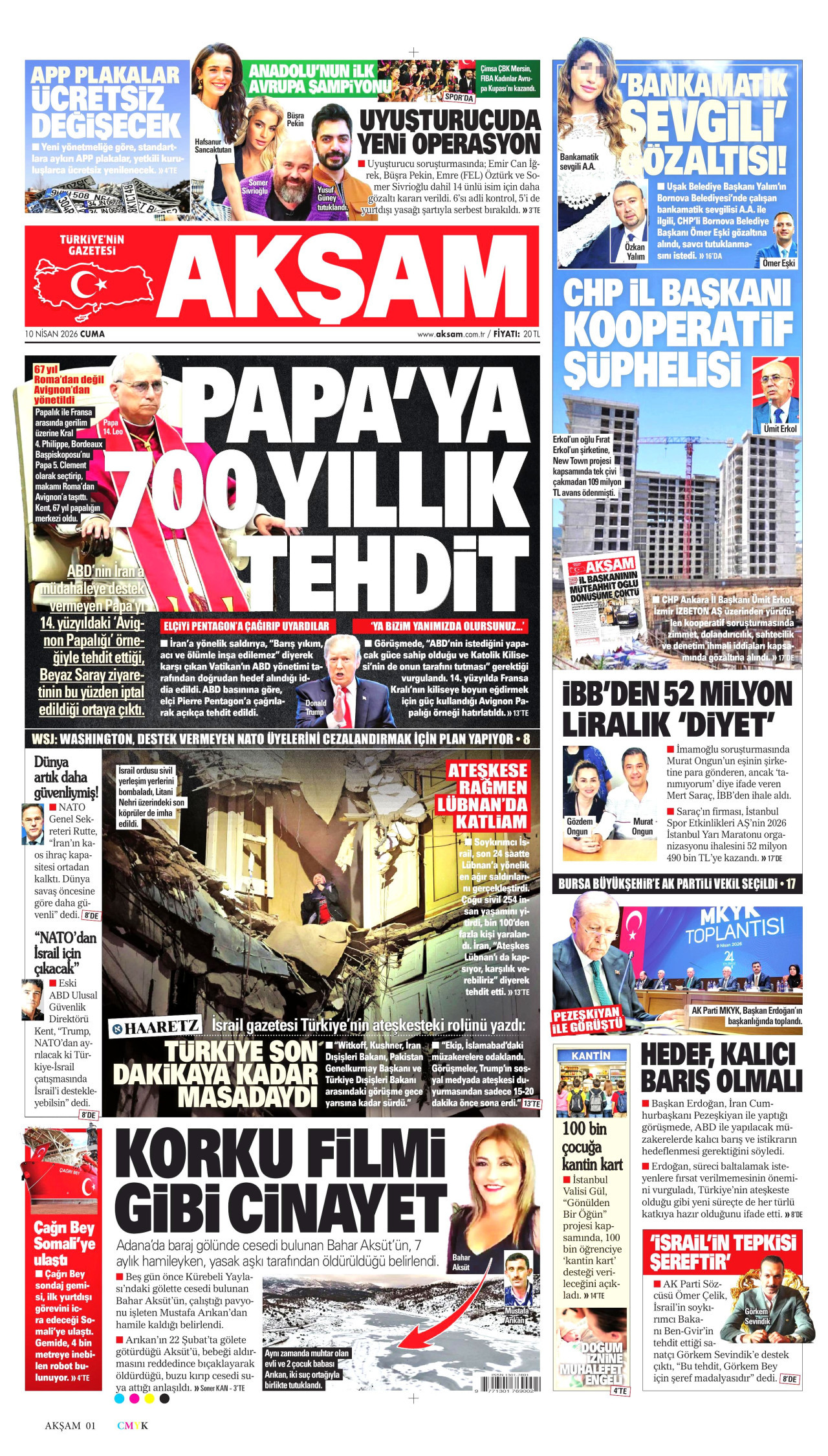 AKŞAM gazetesinin 10 Nisan 2026 tarihli birinci sayfası