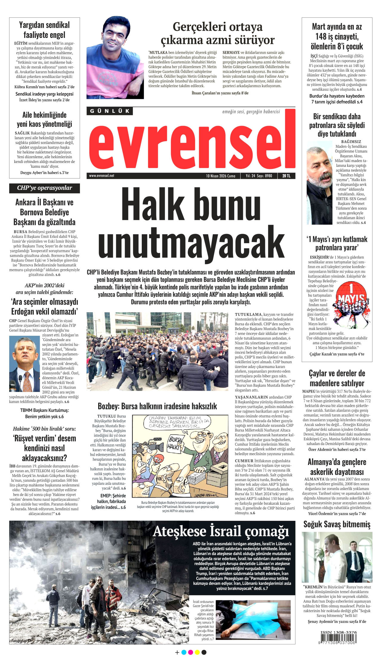 EVRENSEL gazetesinin 10 Nisan 2026 tarihli birinci sayfası