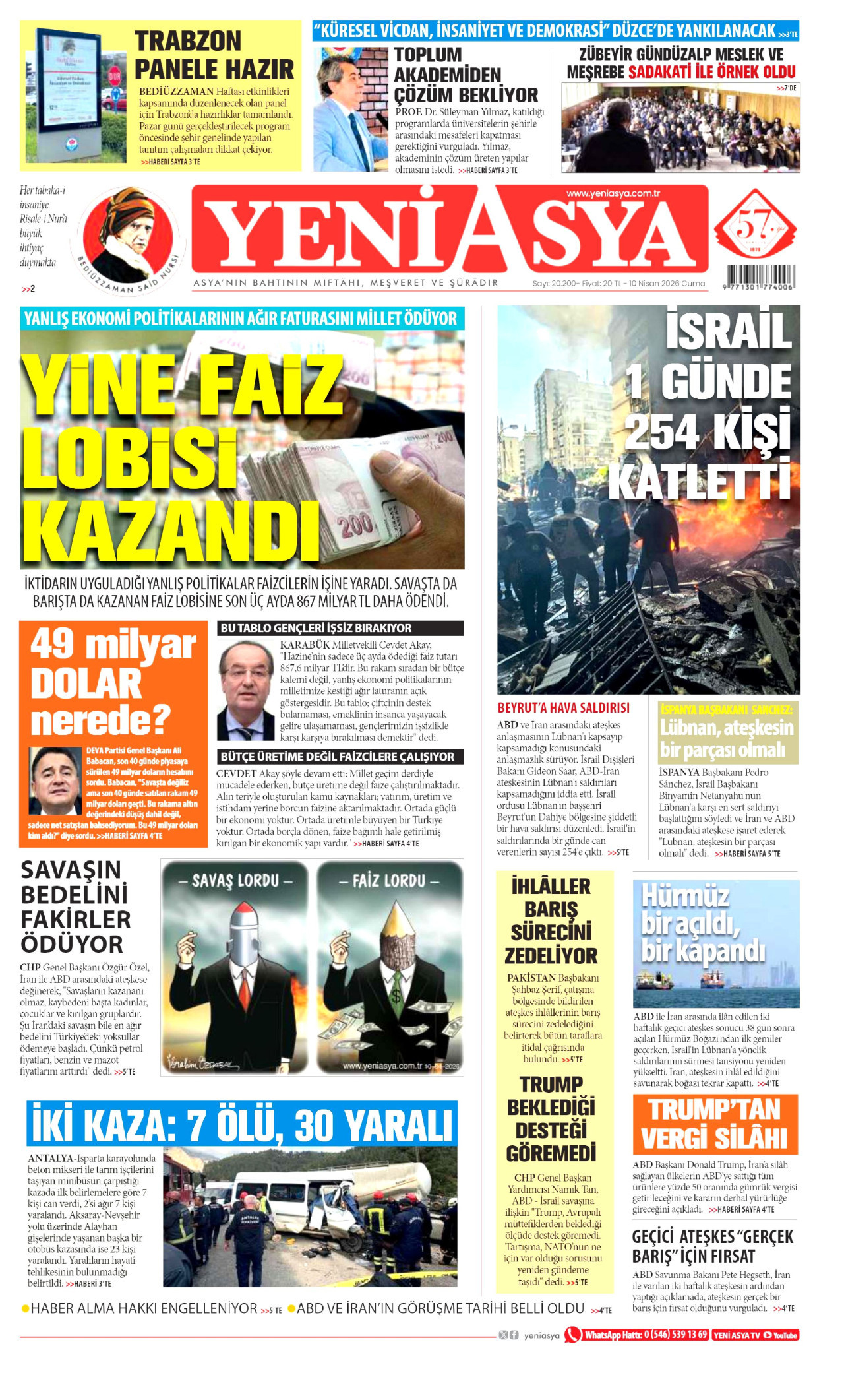 YENİ ASYA gazetesinin 10 Nisan 2026 tarihli birinci sayfası