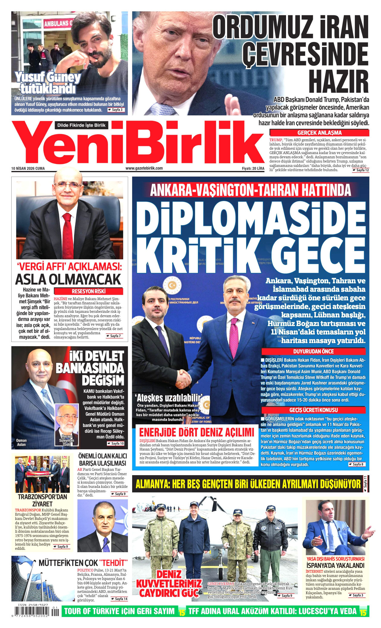 YENİBİRLİK gazetesinin 10 Nisan 2026 tarihli birinci sayfası