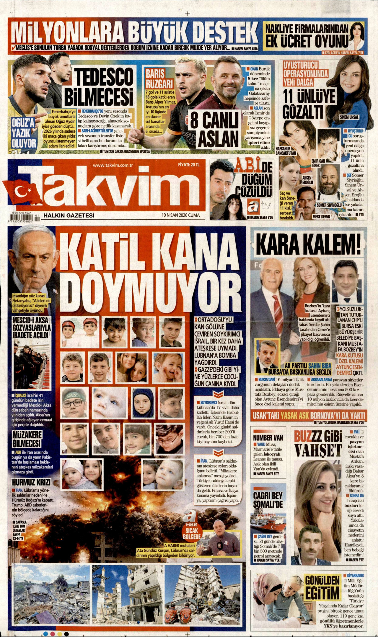 TAKVİM gazetesinin 10 Nisan 2026 tarihli birinci sayfası