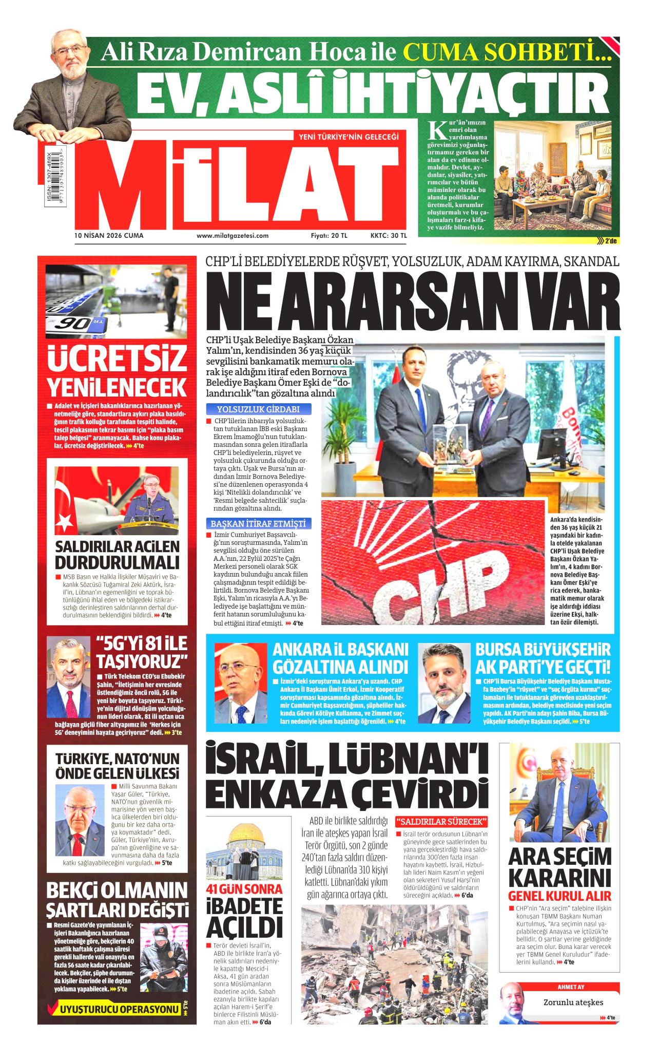 MİLAT gazetesinin 10 Nisan 2026 tarihli birinci sayfası