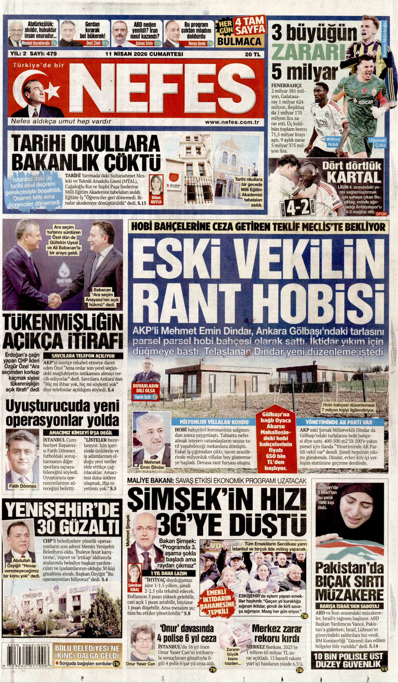 NEFES gazetesinin 11 Nisan 2026 tarihli birinci sayfası