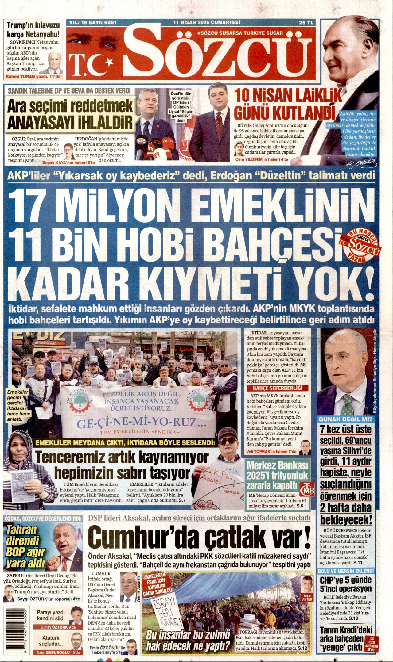 SÖZCÜ gazetesinin 11 Nisan 2026 tarihli birinci sayfası