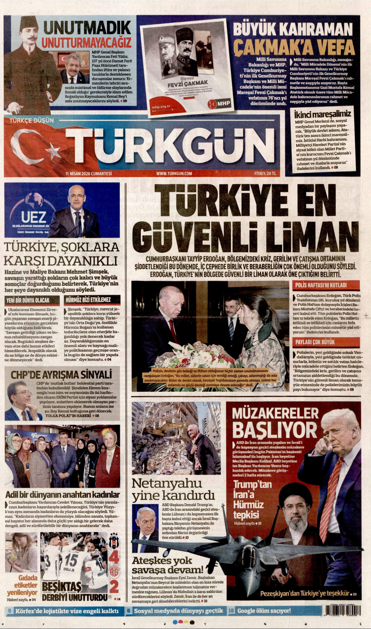 TÜRKGÜN gazetesinin 11 Nisan 2026 tarihli birinci sayfası