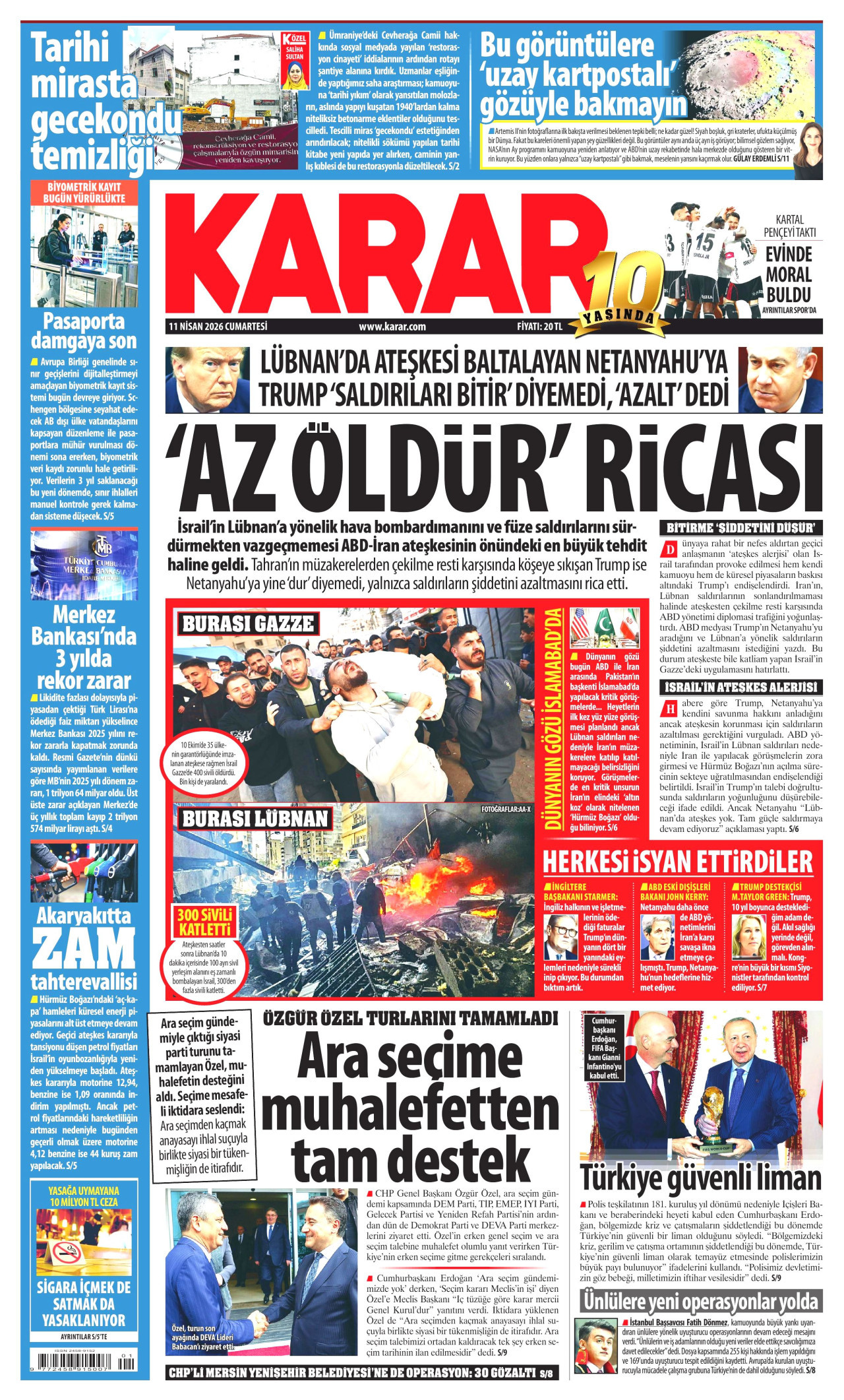KARAR gazetesinin 11 Nisan 2026 tarihli birinci sayfası