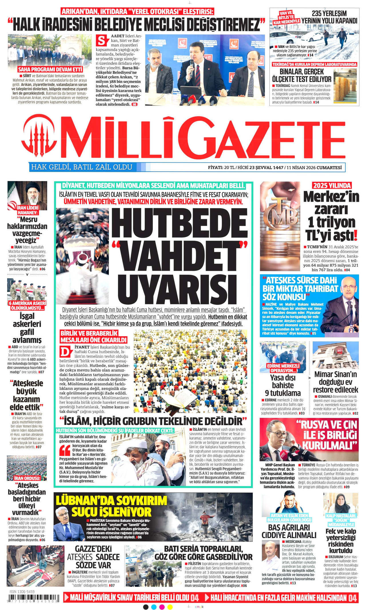 MİLLİ GAZETE gazetesinin 11 Nisan 2026 tarihli birinci sayfası