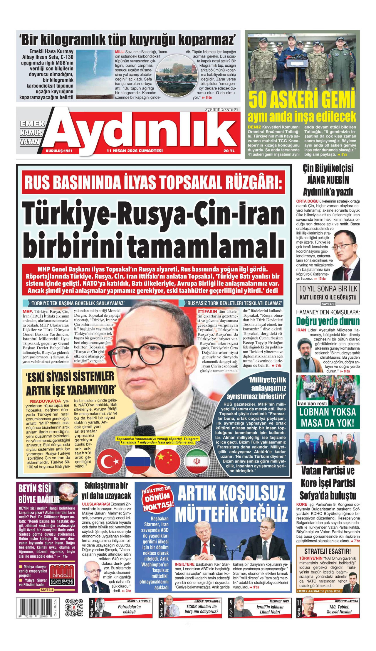 AYDINLIK GAZETESİ gazetesinin 11 Nisan 2026 tarihli birinci sayfası